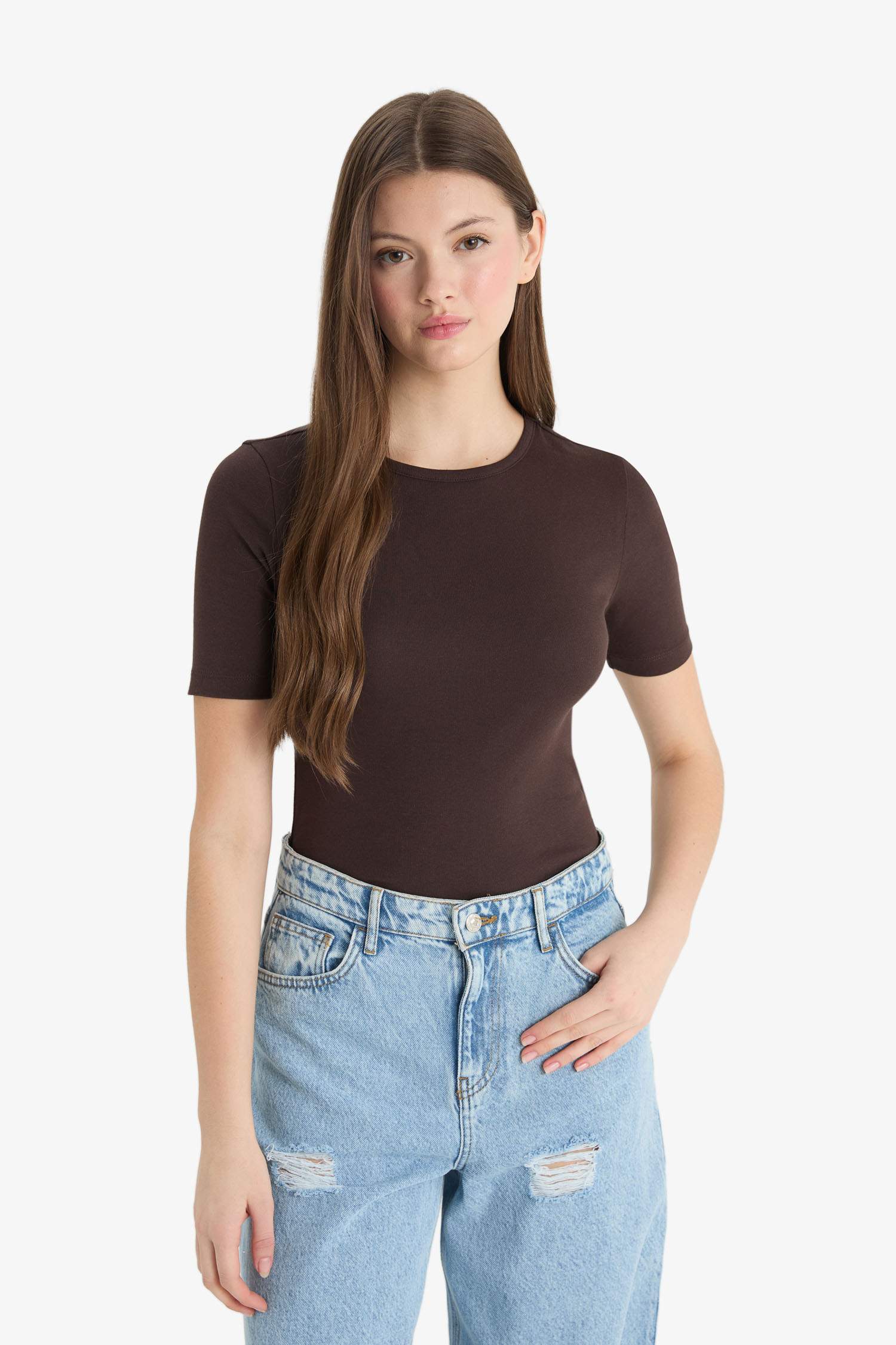 Fitted Bisiklet Yaka Basic Düz Ribana Kısa Kollu Tişört