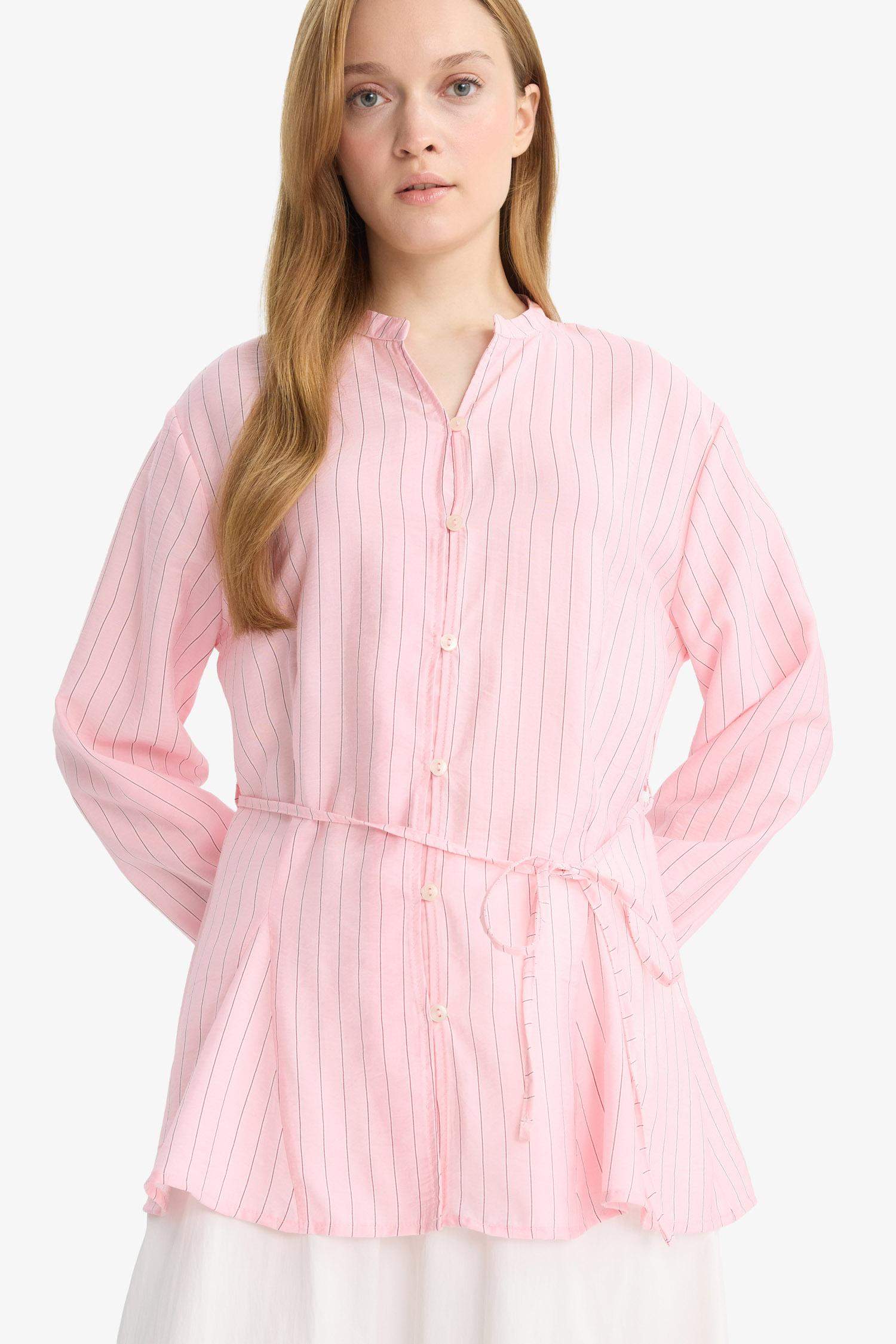 Relax Fit Çizgili Bağlamalı Uzun Kollu Gömlek Tunik