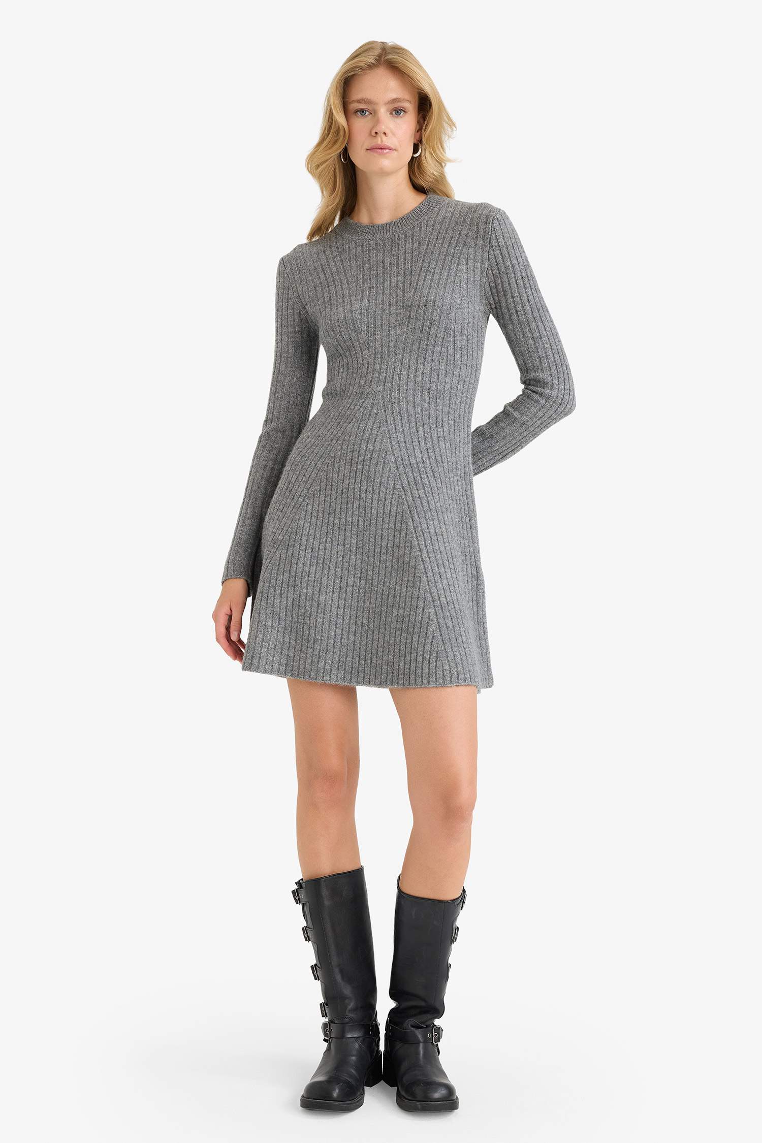 a сызығы дөңгелек жаға ұзын жеңді Көйлек