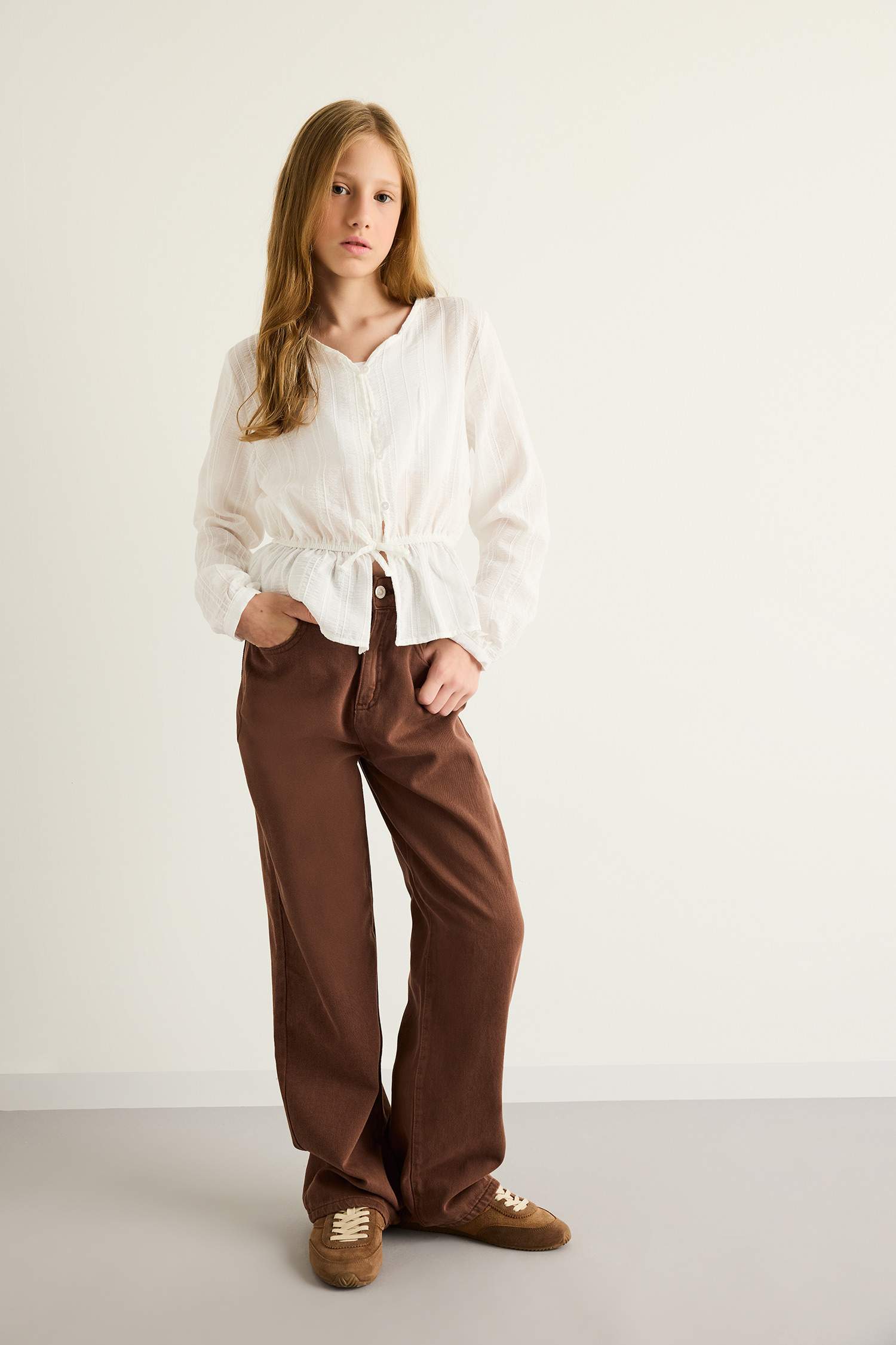 بنطلون بناتي وايد ليج جبردين برجل واسع