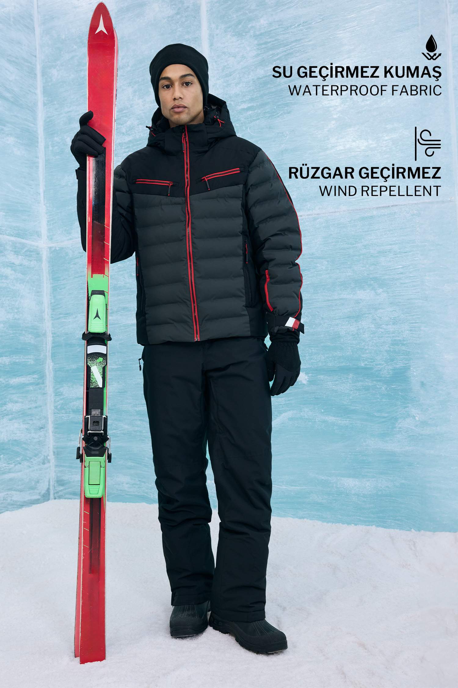 Su İtici Regular Fit Kapüşonlu Fermuarlı Rüzgar Geçirmez Kayak Montu