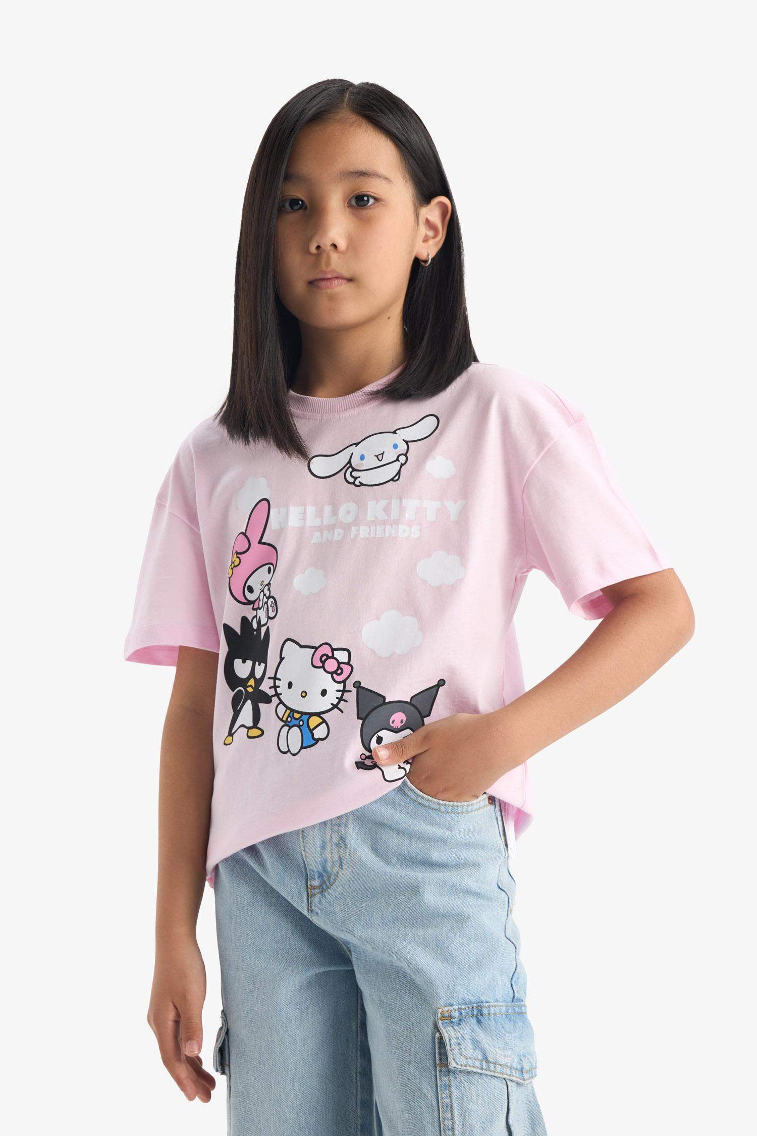 Kız Çocuk Hello Kitty Relax Fit Bisiklet Yaka Kısa Kollu Tişört