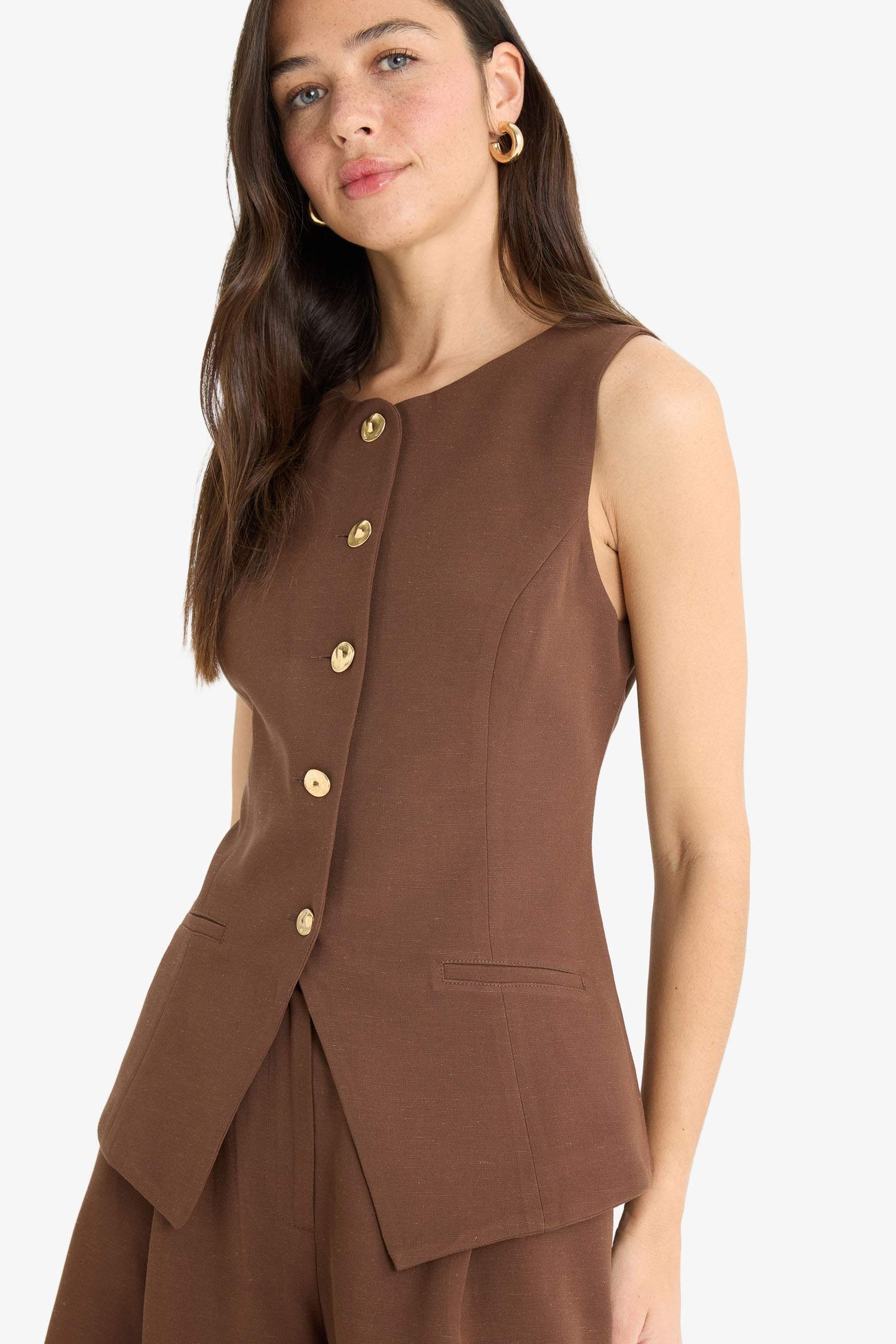 Fitted Bisiklet Yaka Keten Karışımlı Blazer Yelek