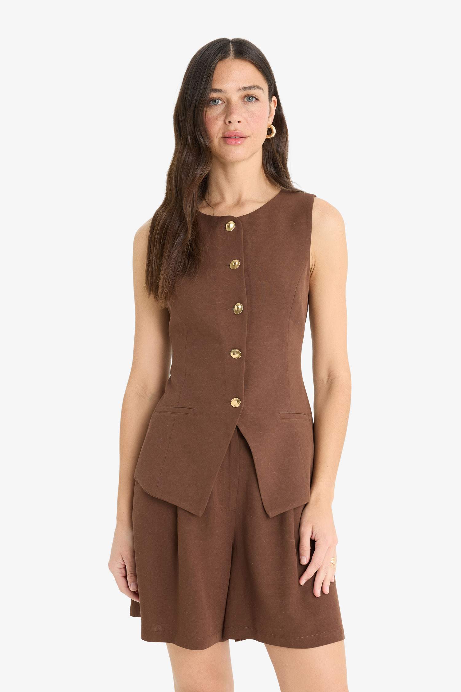 Fitted Bisiklet Yaka Keten Karışımlı Blazer Yelek