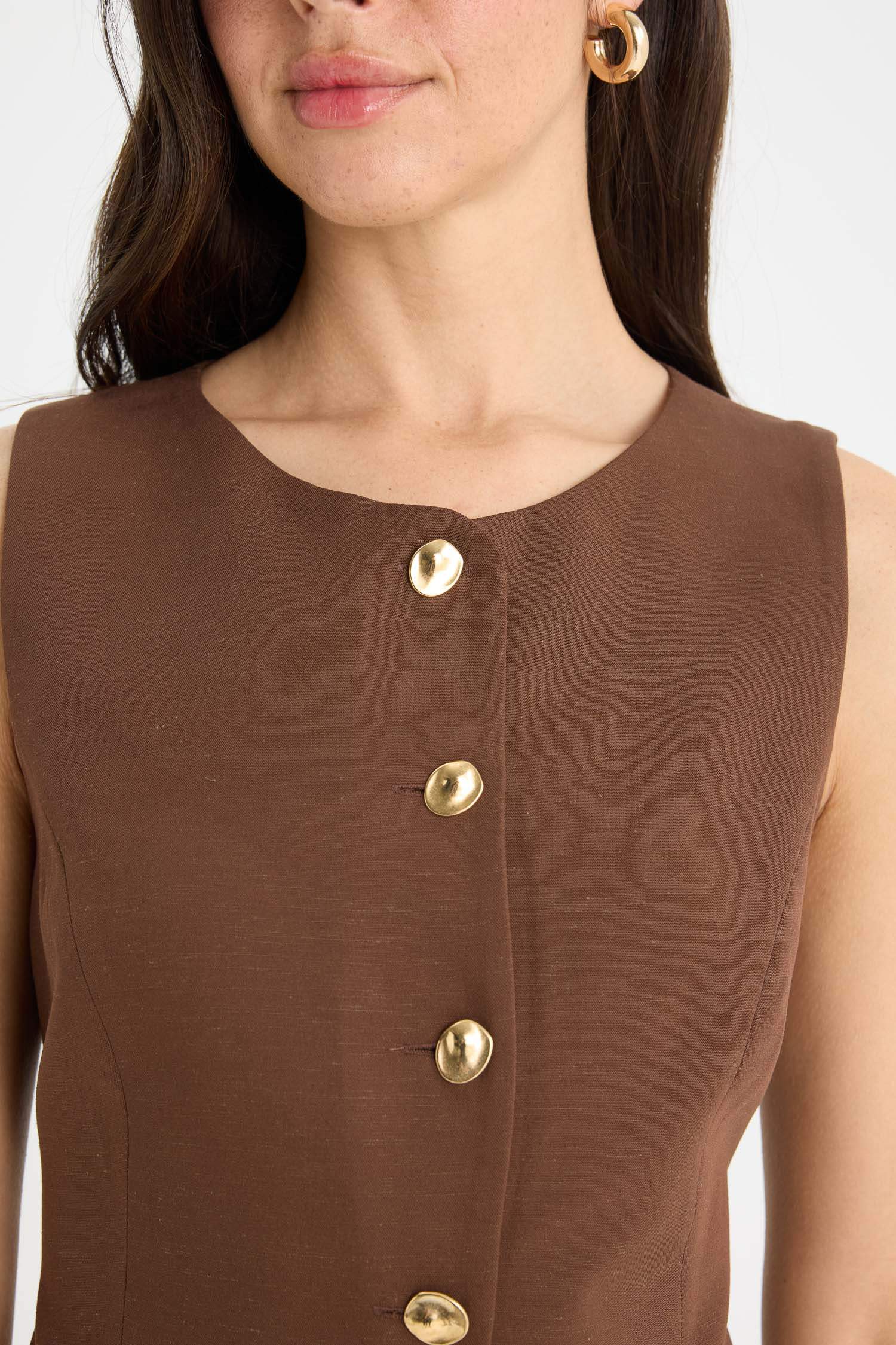 Fitted Bisiklet Yaka Keten Karışımlı Blazer Yelek