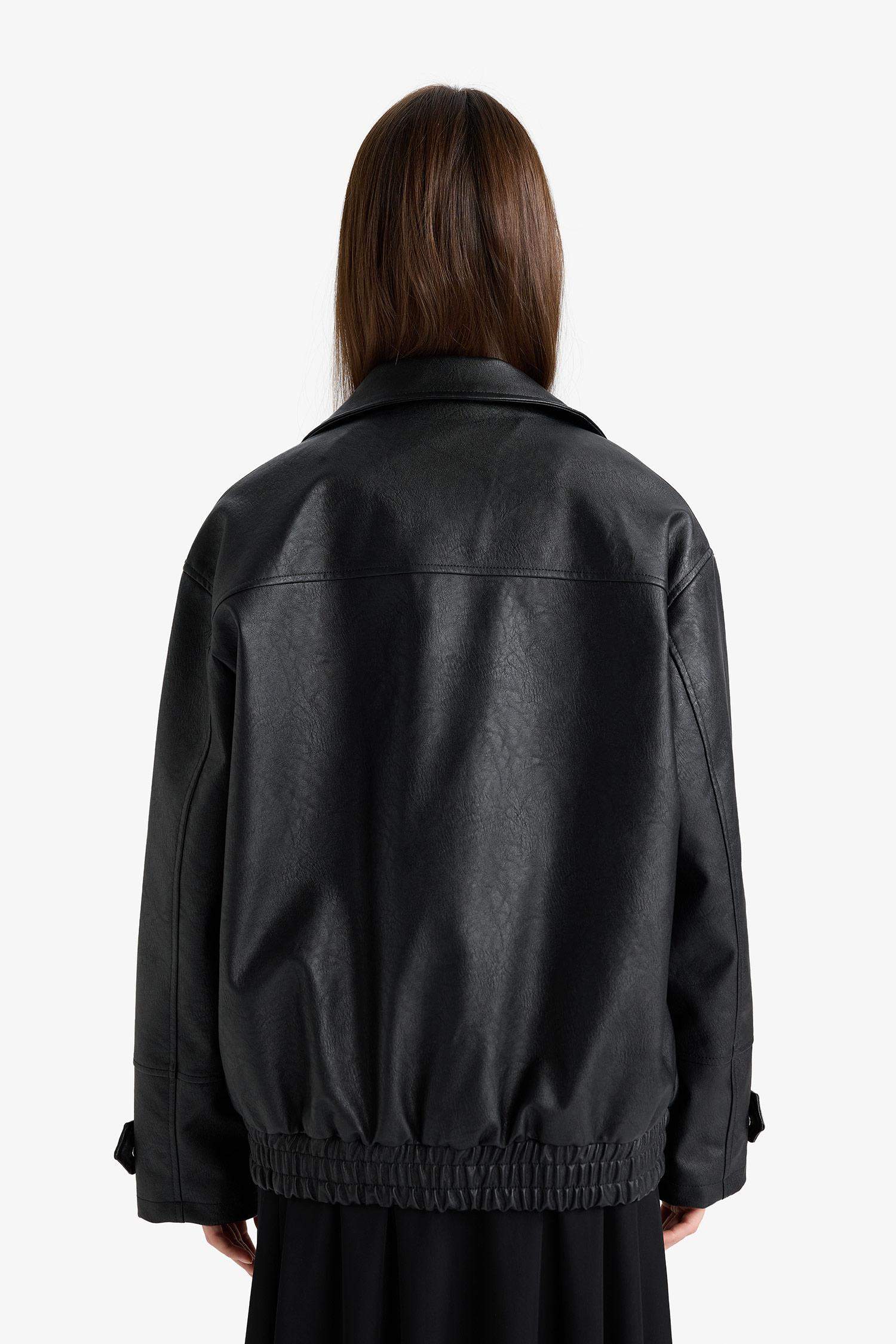 Afra x DeFacto Dad Fit Fermuarlı Suni Deri Mont