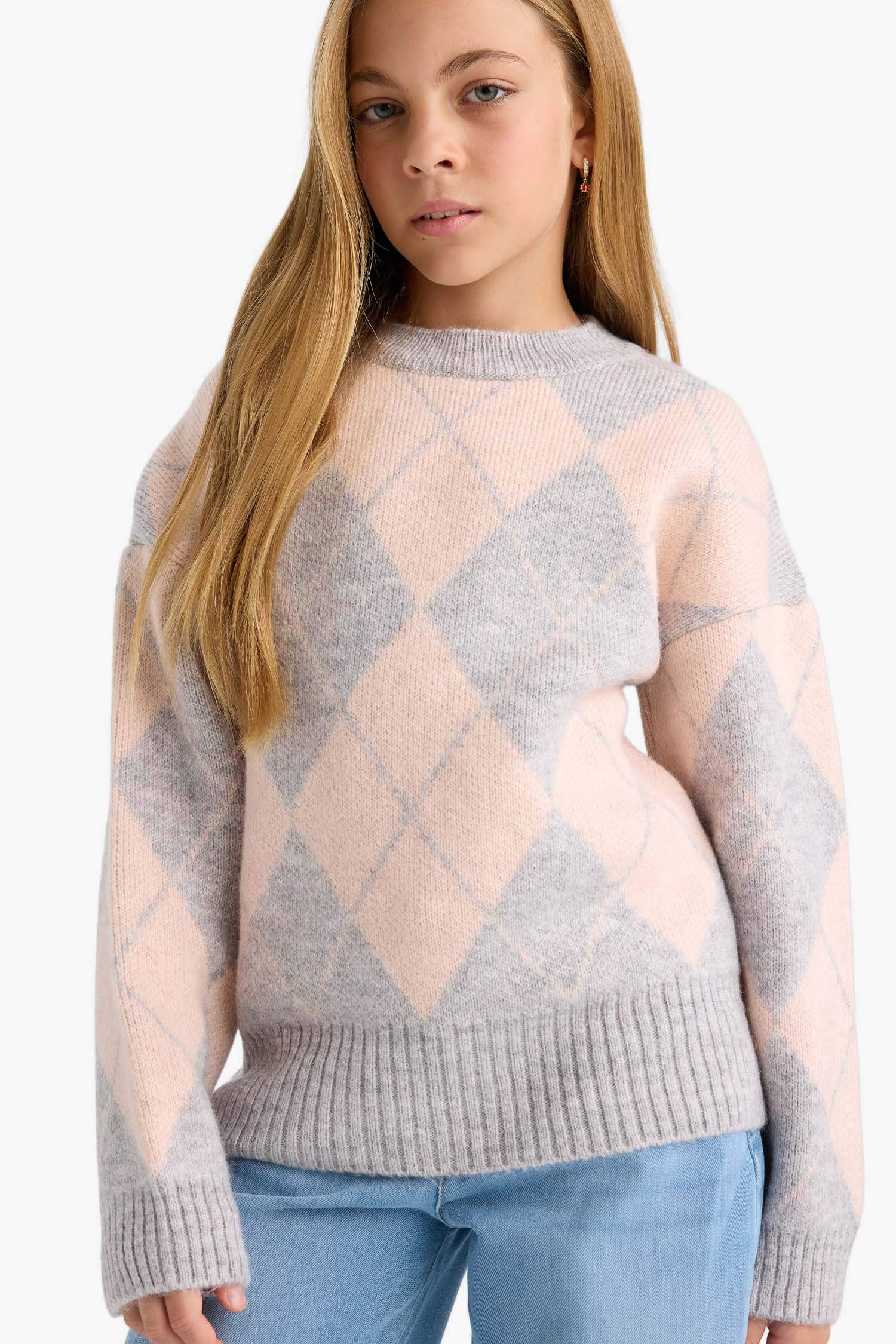 Girl Oversize Fit Printed Crew Neck Knitted Pullover
