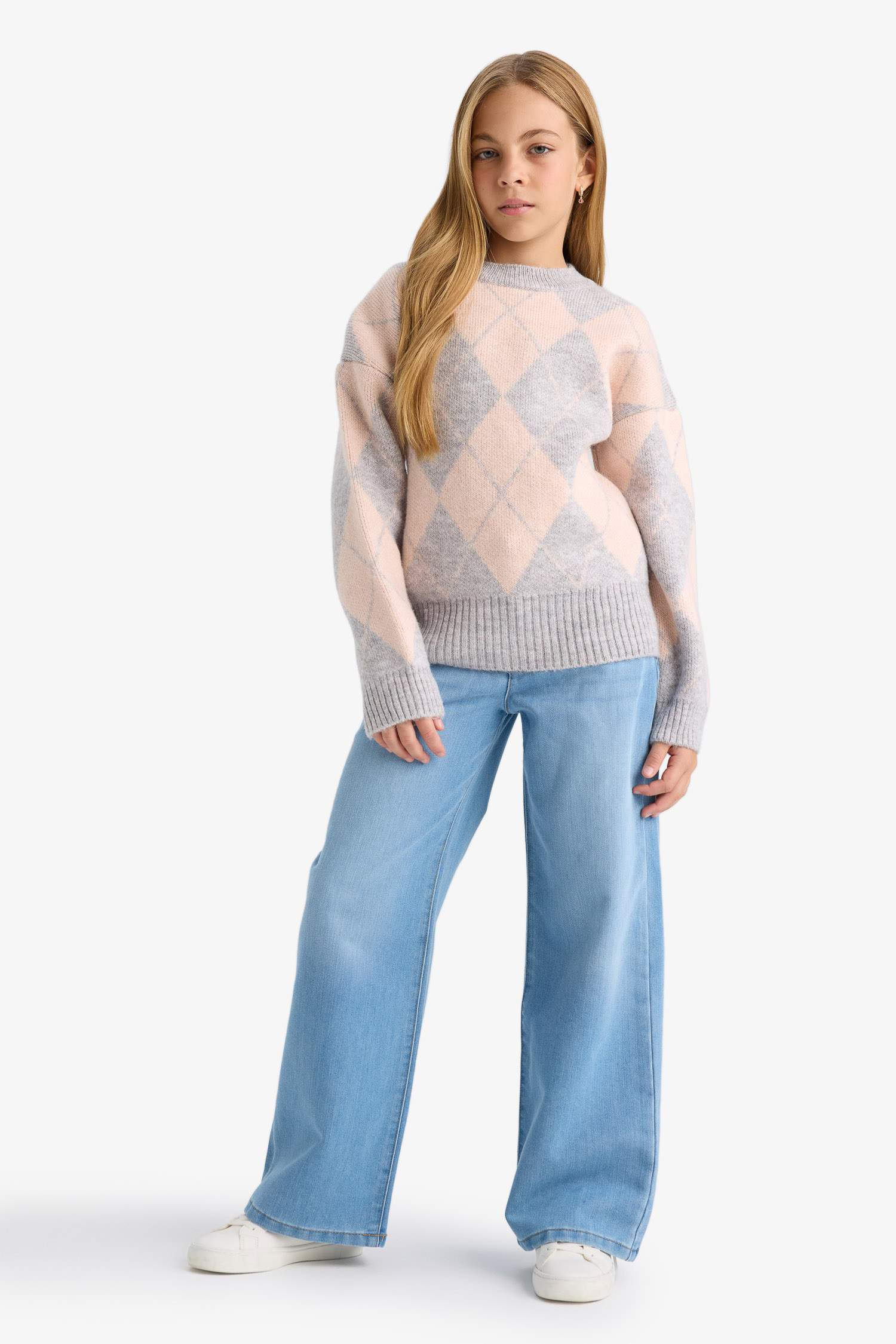 Girl Oversize Fit Printed Crew Neck Knitted Pullover