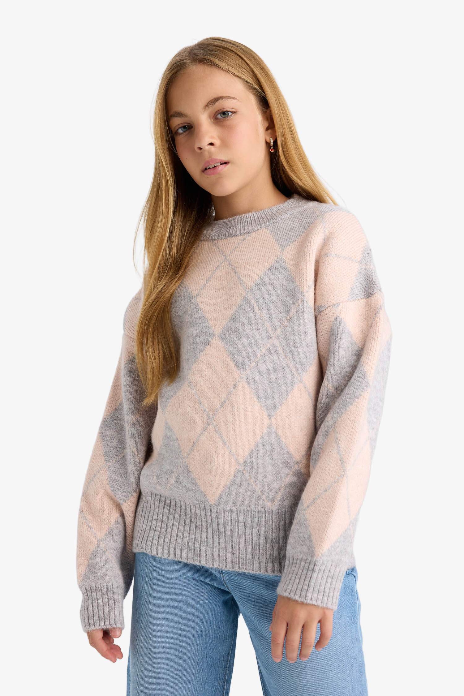 Girl Oversize Fit Printed Crew Neck Knitted Pullover