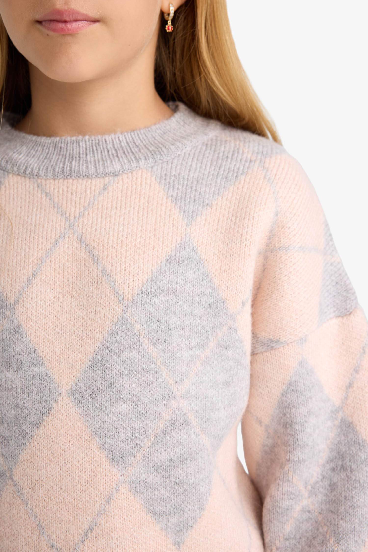 Girl Oversize Fit Printed Crew Neck Knitted Pullover