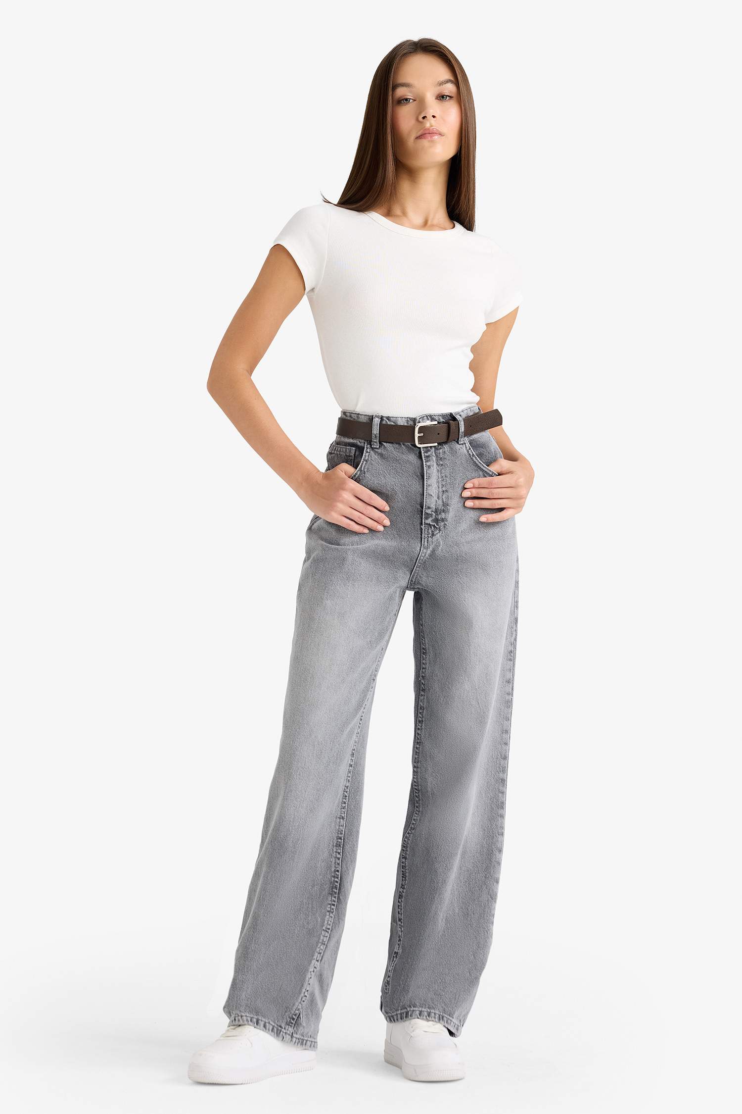 90's Wide Leg Yüksek Bel Uzun Jean Yıkamalı Pantolon