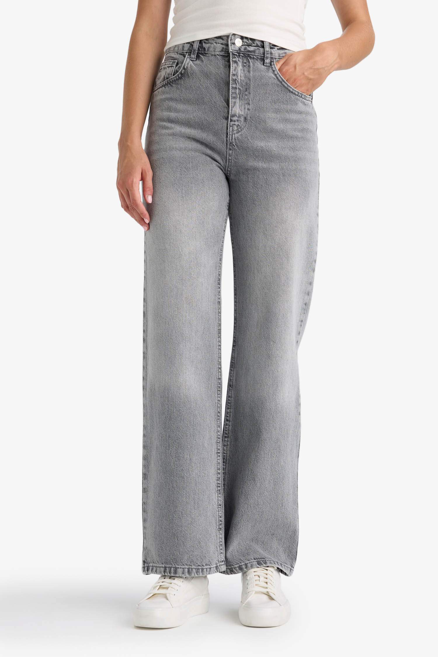 90's Wide Leg Yüksek Bel Uzun Jean Yıkamalı Pantolon