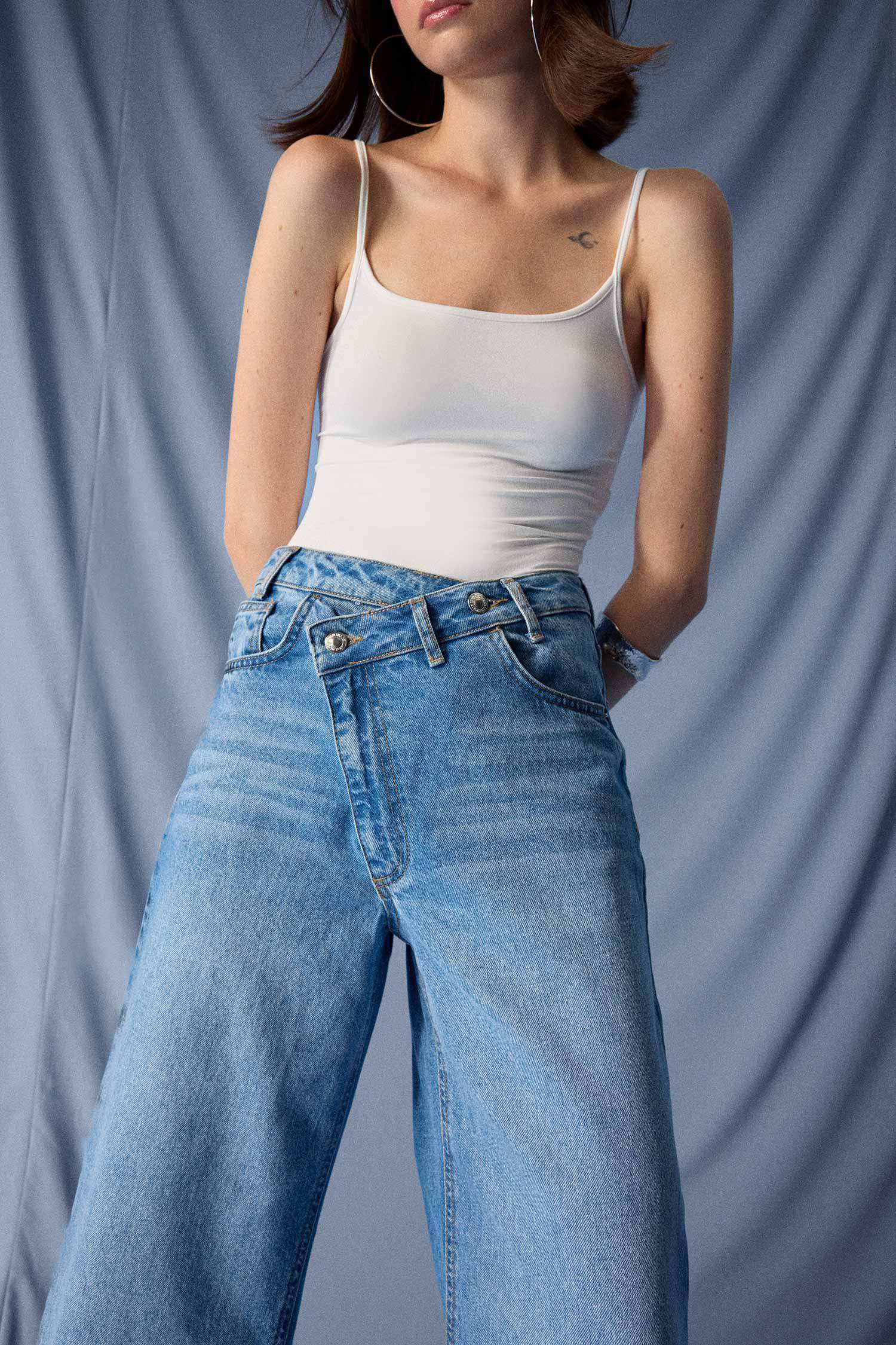 Wide Leg Yüksek Bel Uzun Jean Yıkamalı Pantolon