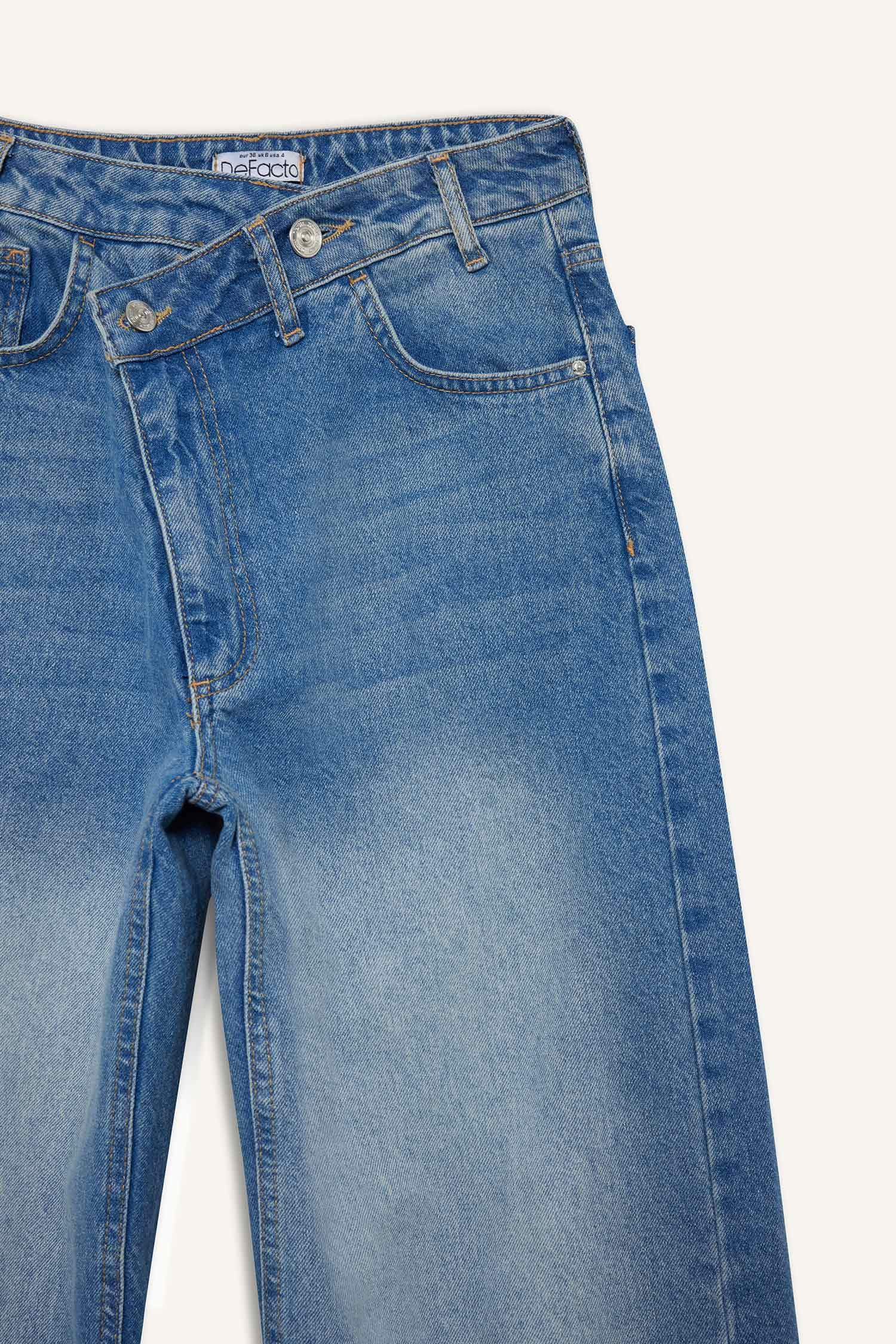 Wide Leg Yüksek Bel Uzun Jean Yıkamalı Pantolon