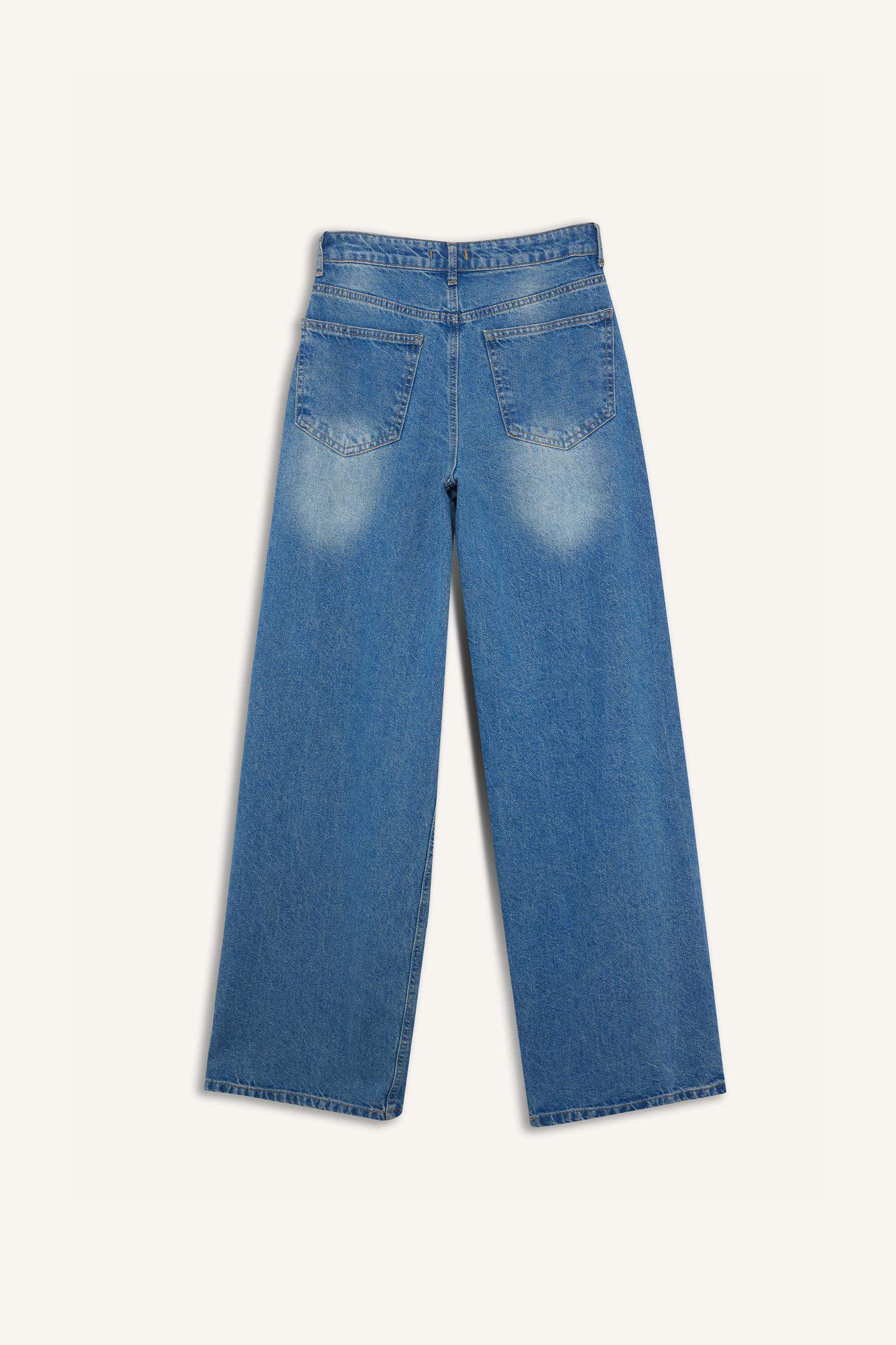 Wide Leg Yüksek Bel Uzun Jean Yıkamalı Pantolon