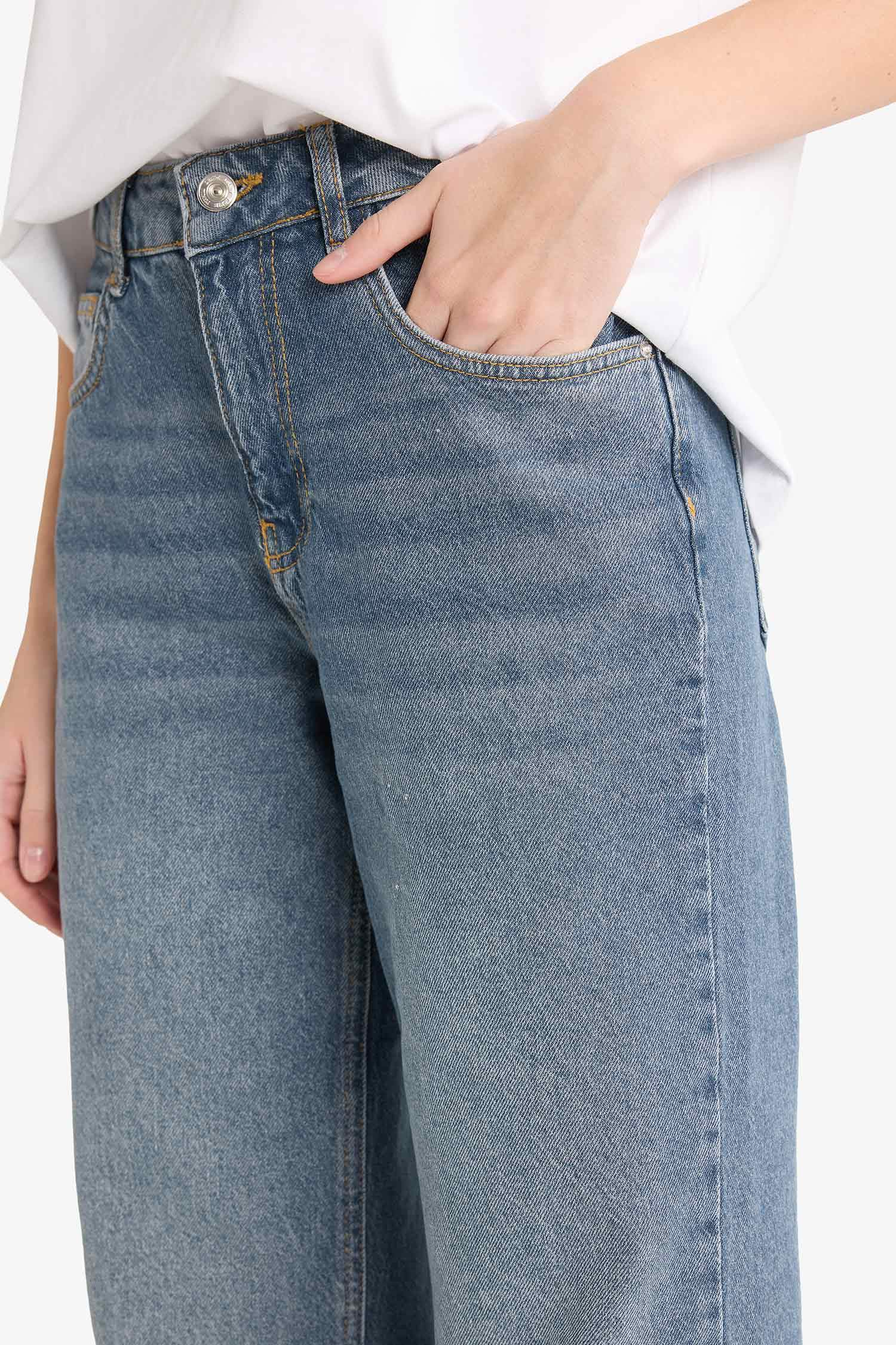 Straight Wide Yüksek Bel Uzun Jean Yıkamalı Pantolon