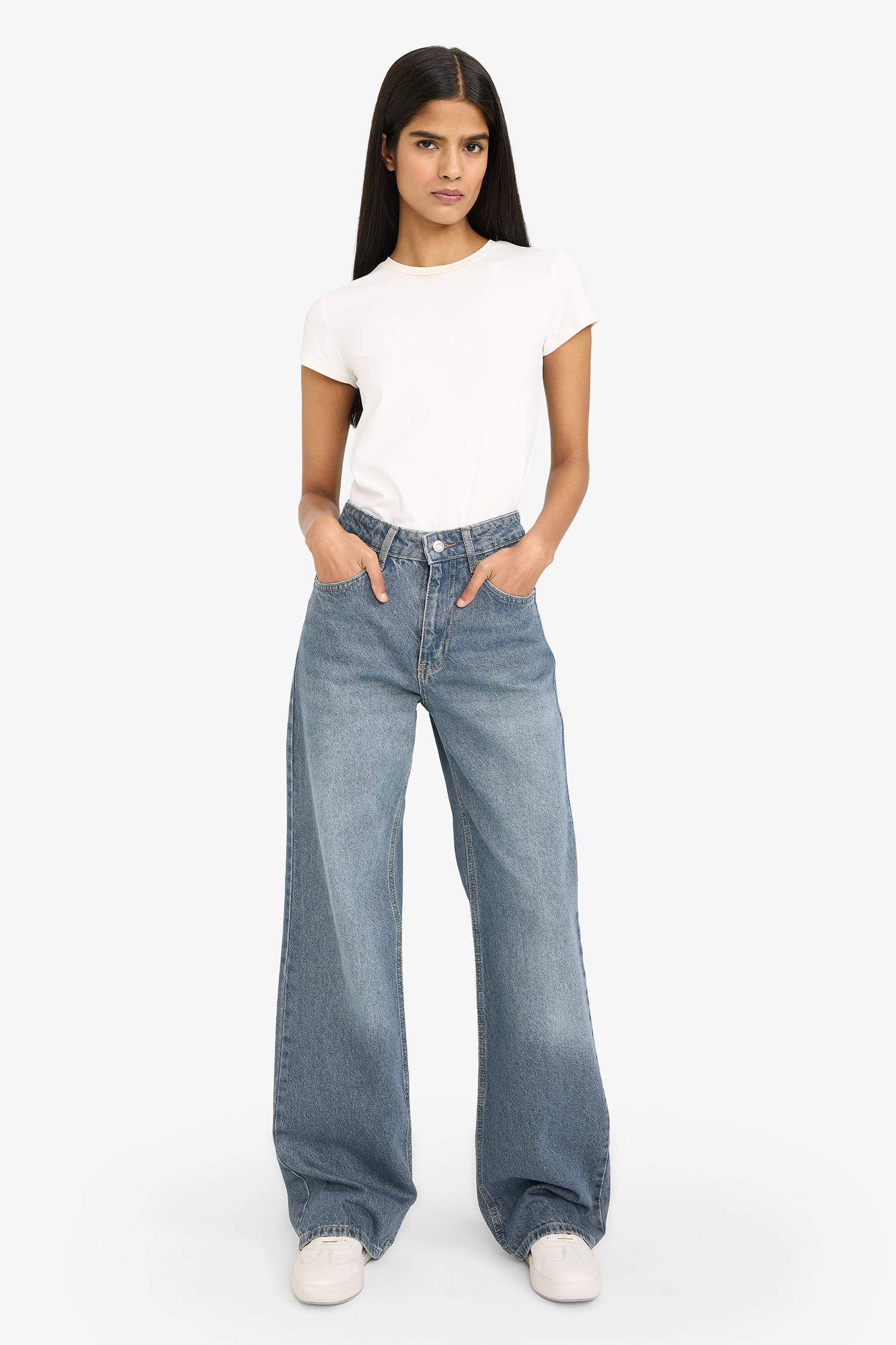 Straight Wide Yüksek Bel Uzun Jean Yıkamalı Pantolon