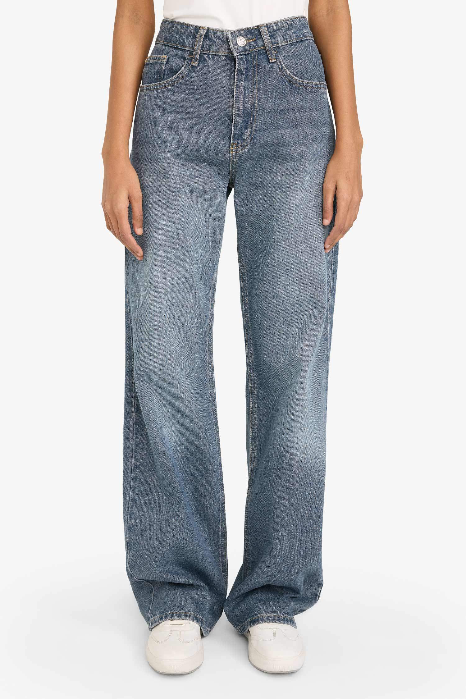 Straight Wide Yüksek Bel Uzun Jean Yıkamalı Pantolon