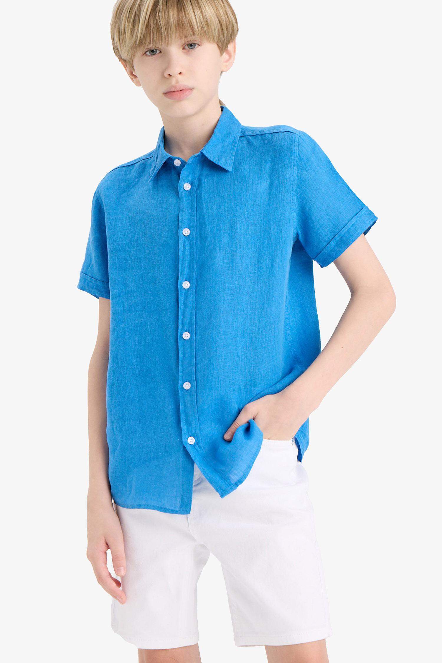 قميص بولو كتان اولادي ازرق نص كم