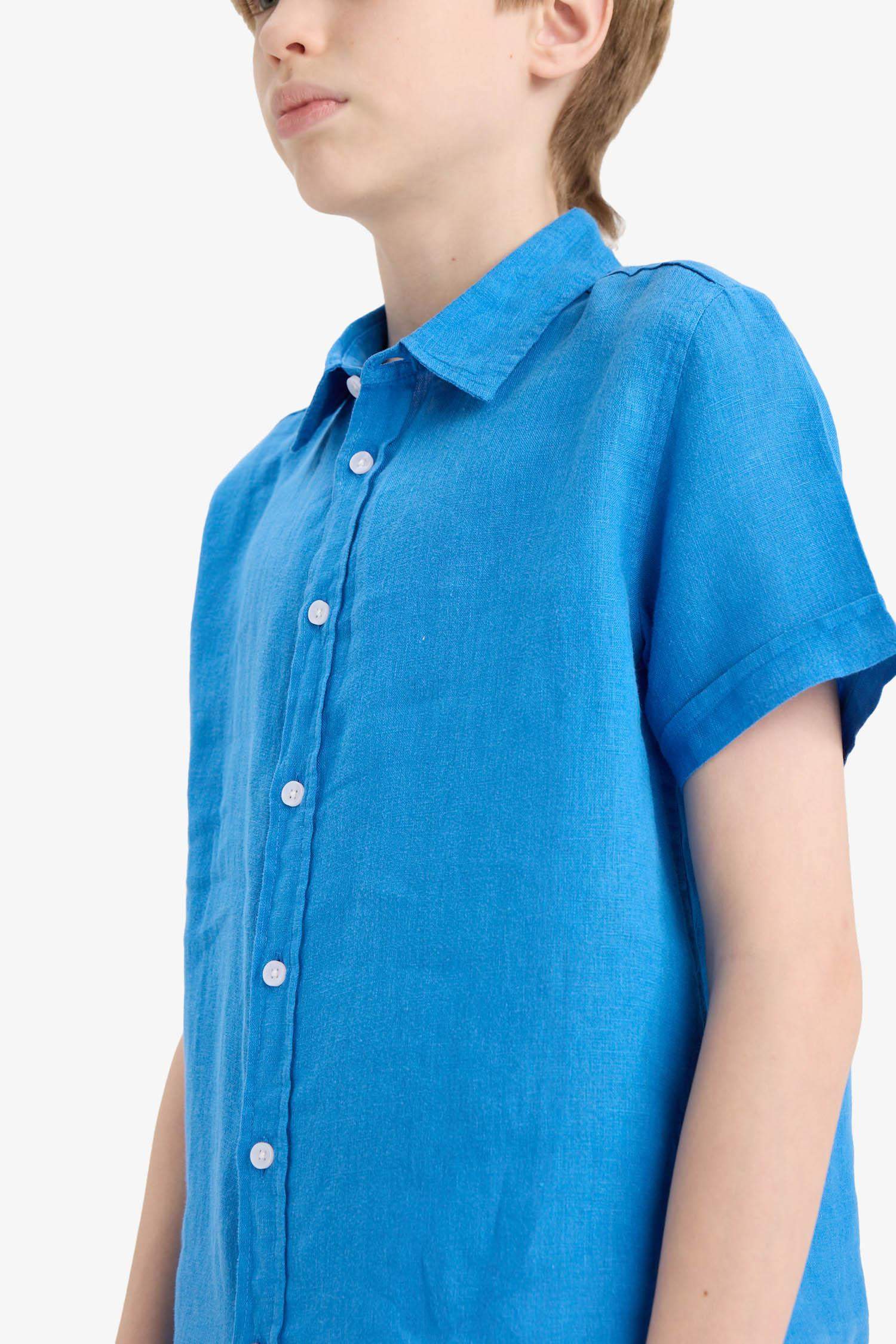 قميص بولو كتان اولادي ازرق نص كم