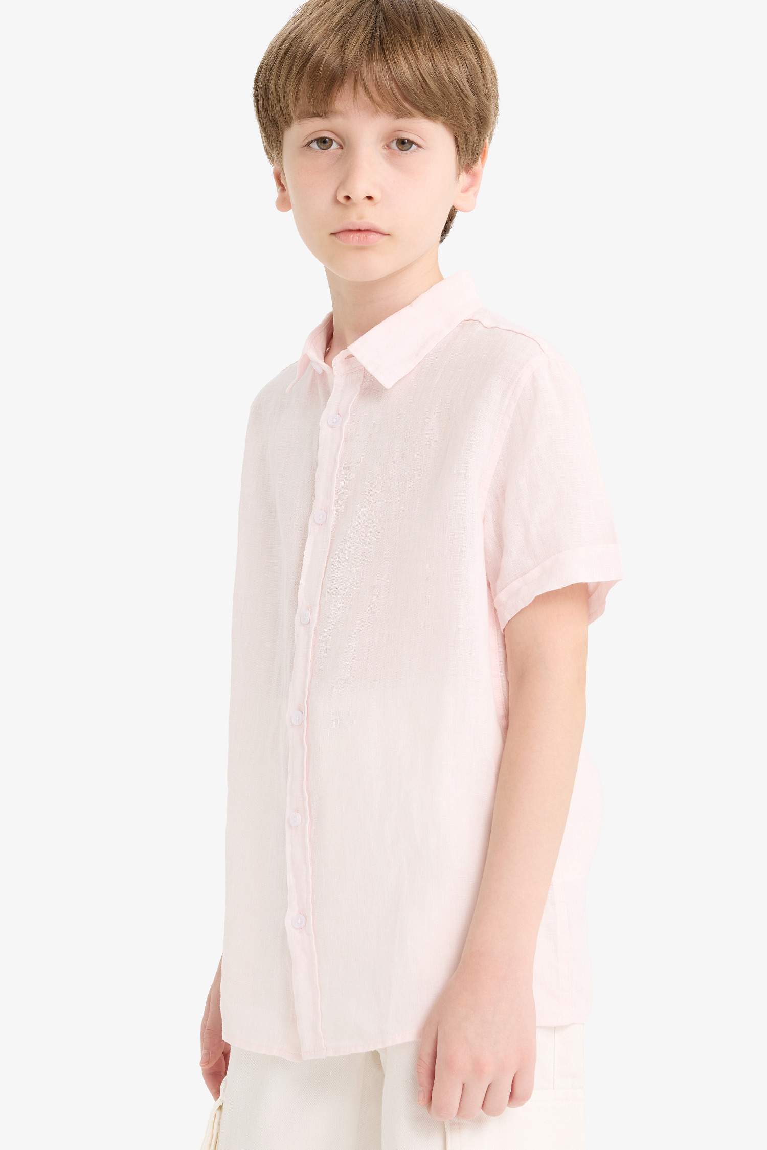 Boy Regular Fit Polo Neck Linen Short Sleeve Shirt