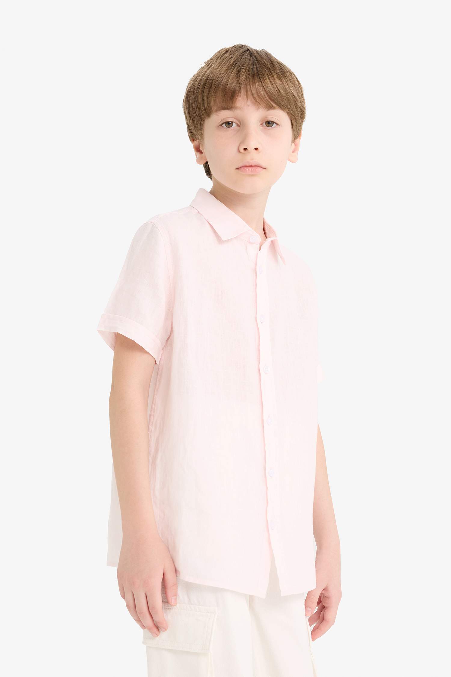 Boy Regular Fit Polo Neck Linen Short Sleeve Shirt