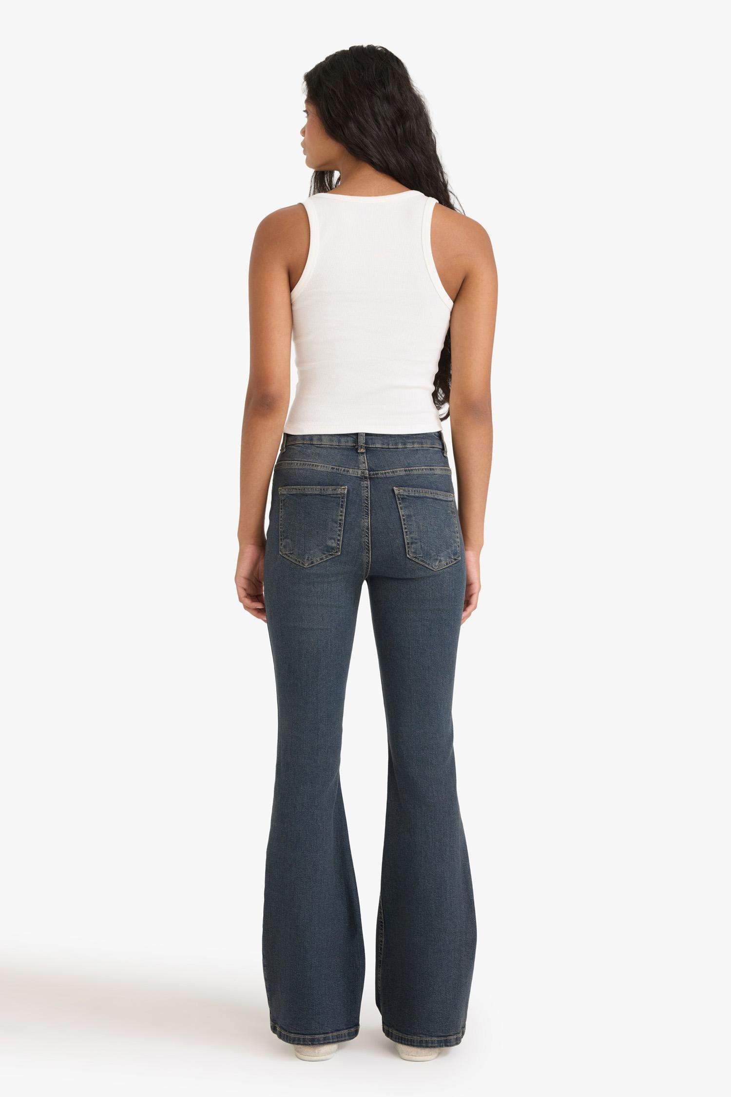 Mia Flare Fit Normal Bel Uzun Jean Yıkamalı Pantolon