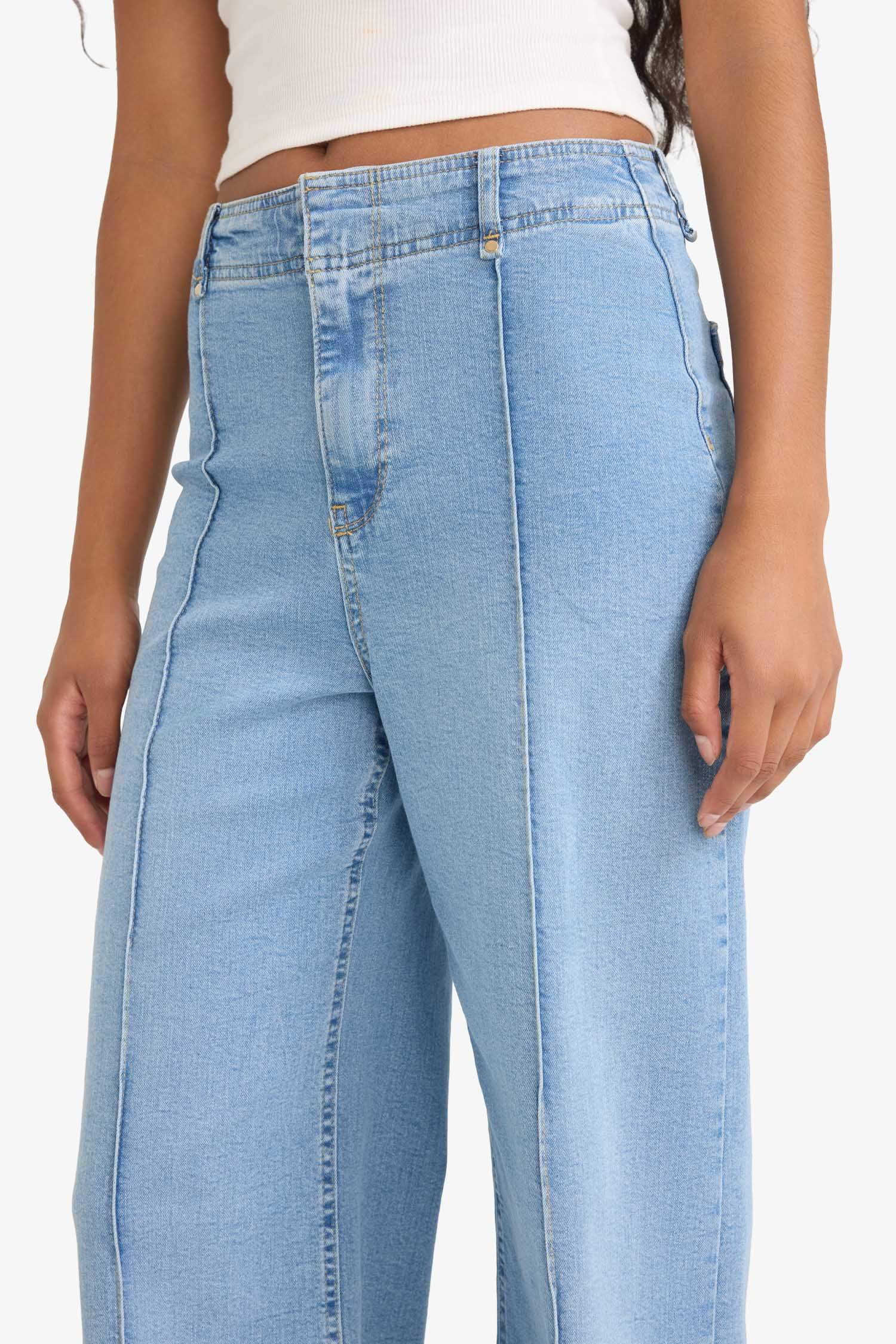 Culotte Yüksek Bel Uzun Jean Yıkamalı Pantolon