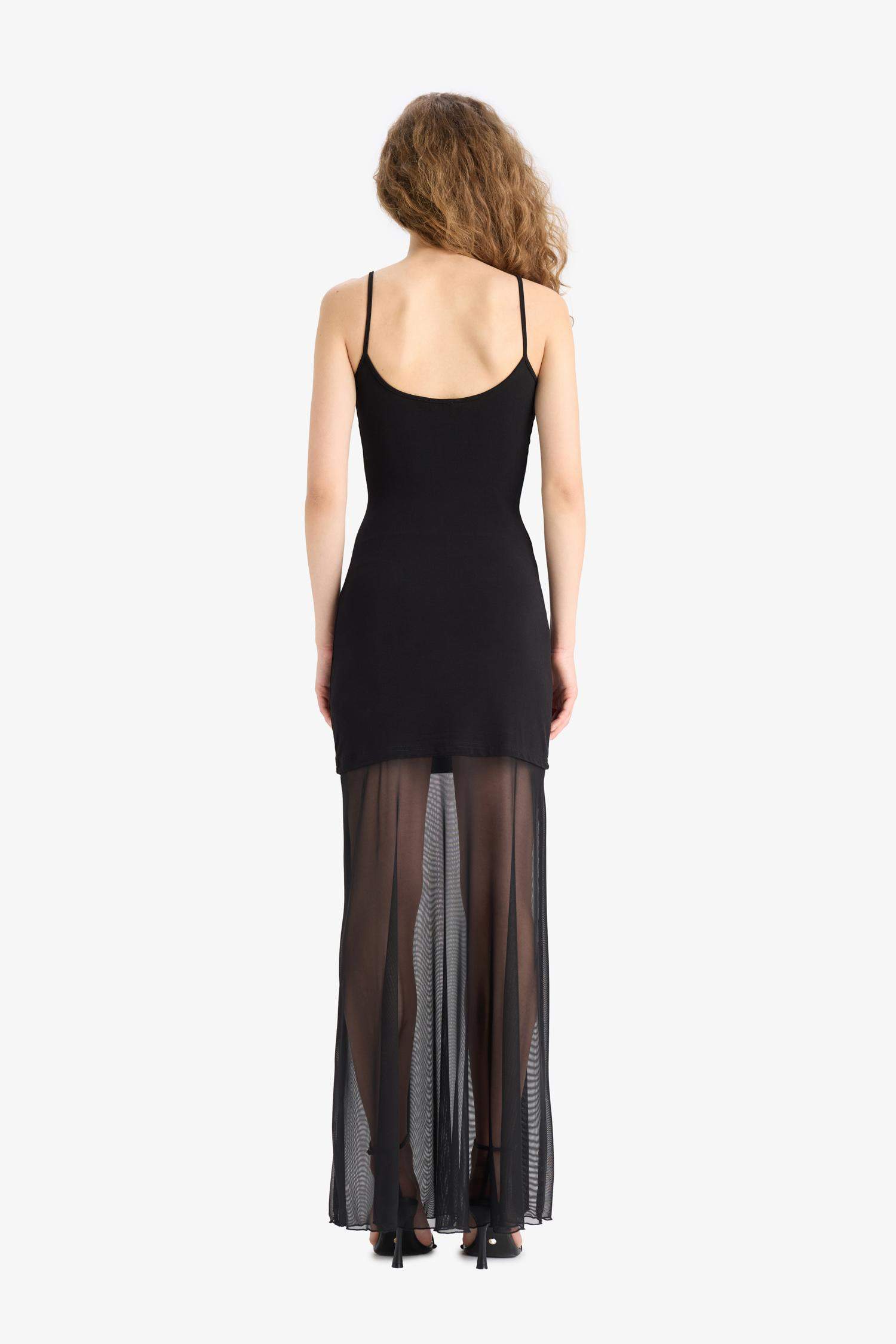 Bodycon Square Neck Strappy Tulle Maxi Dress