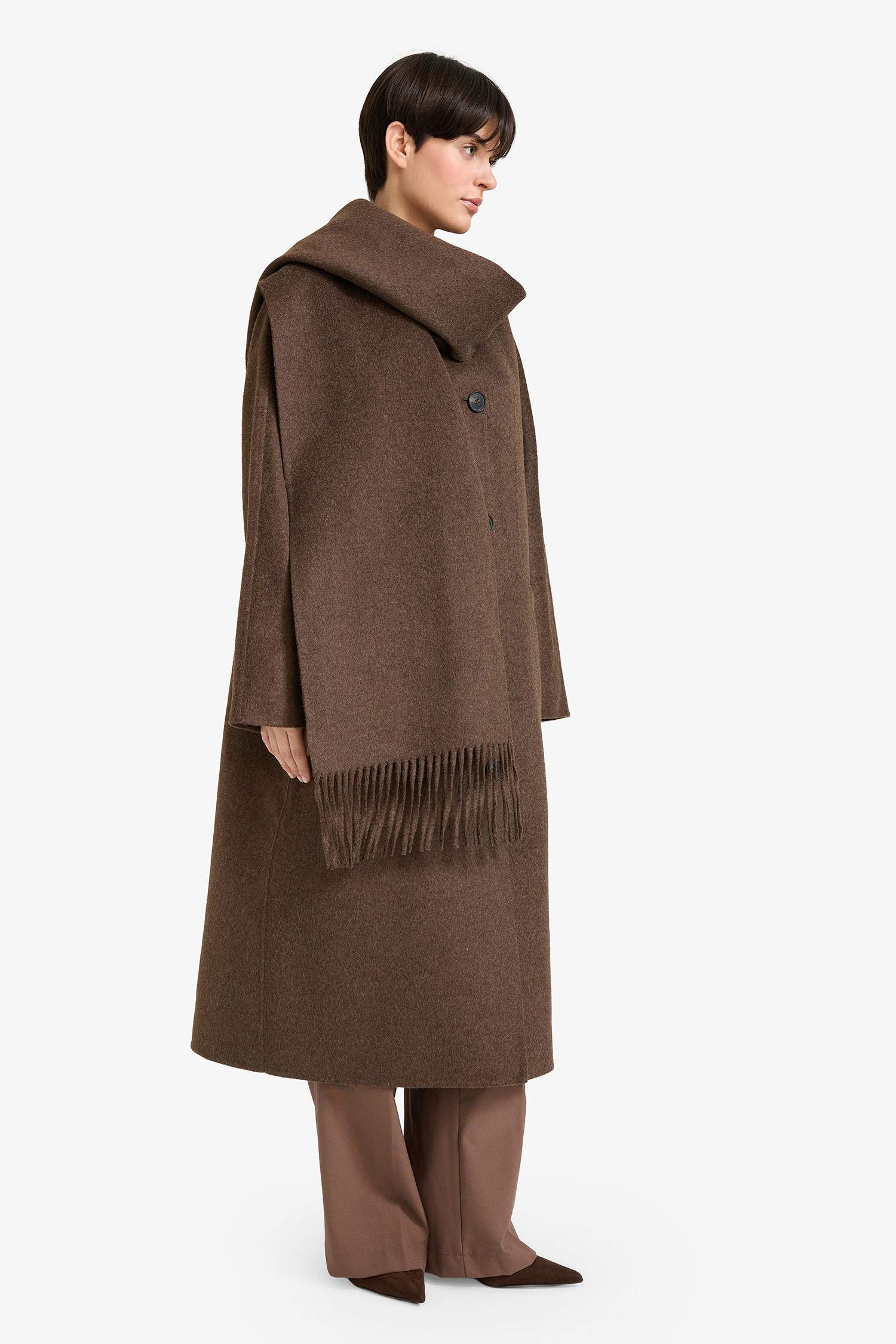 Yün Karışımlı Çıkarılabilir Atkılı Relax Fit Uzun Kaşe Kaban