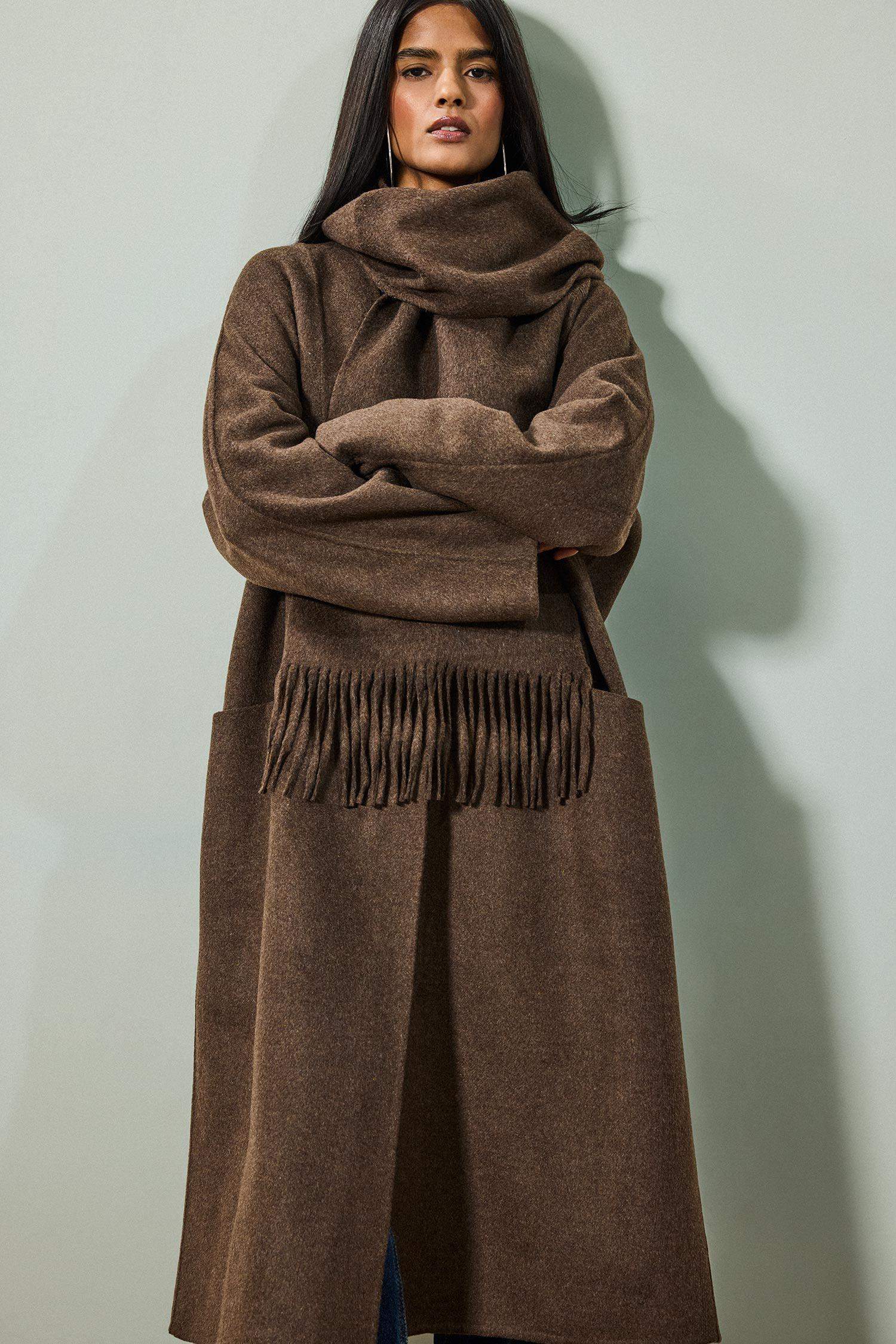 Yün Karışımlı Çıkarılabilir Atkılı Relax Fit Uzun Kaşe Kaban