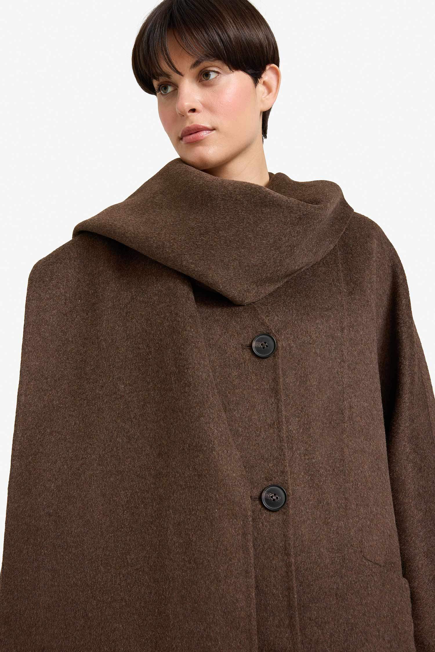 Yün Karışımlı Çıkarılabilir Atkılı Relax Fit Uzun Kaşe Kaban