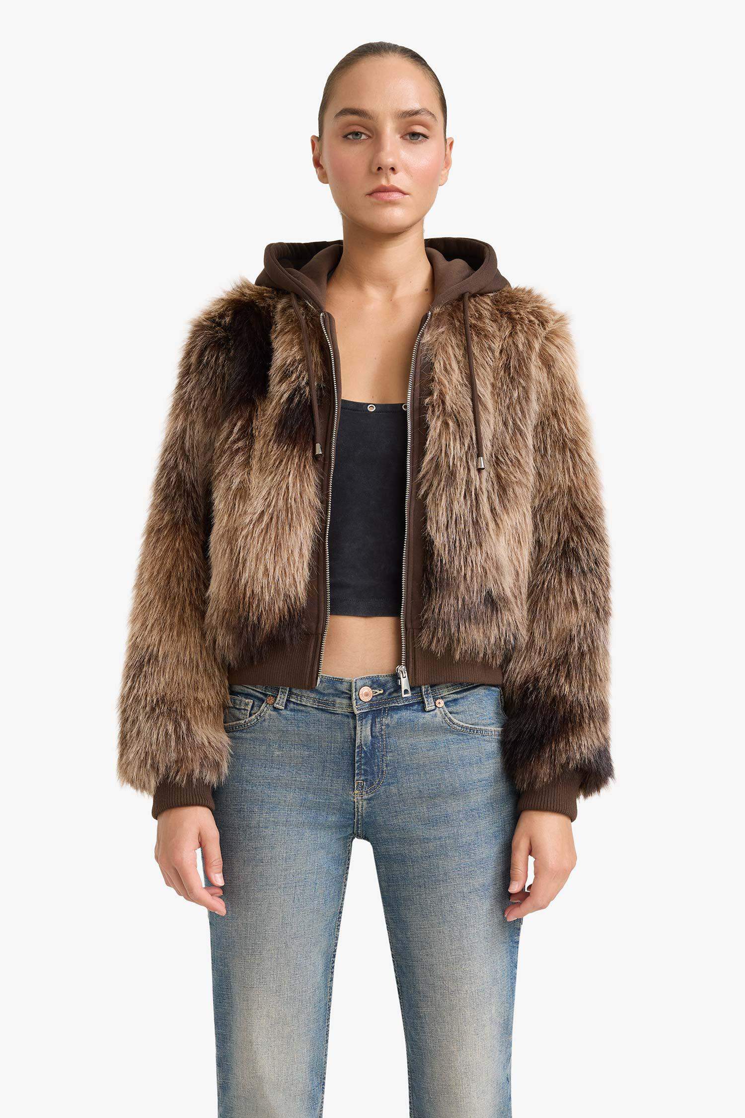 Regular Fit Kapüşonlu Fermuarlı Suni Kürk Mont