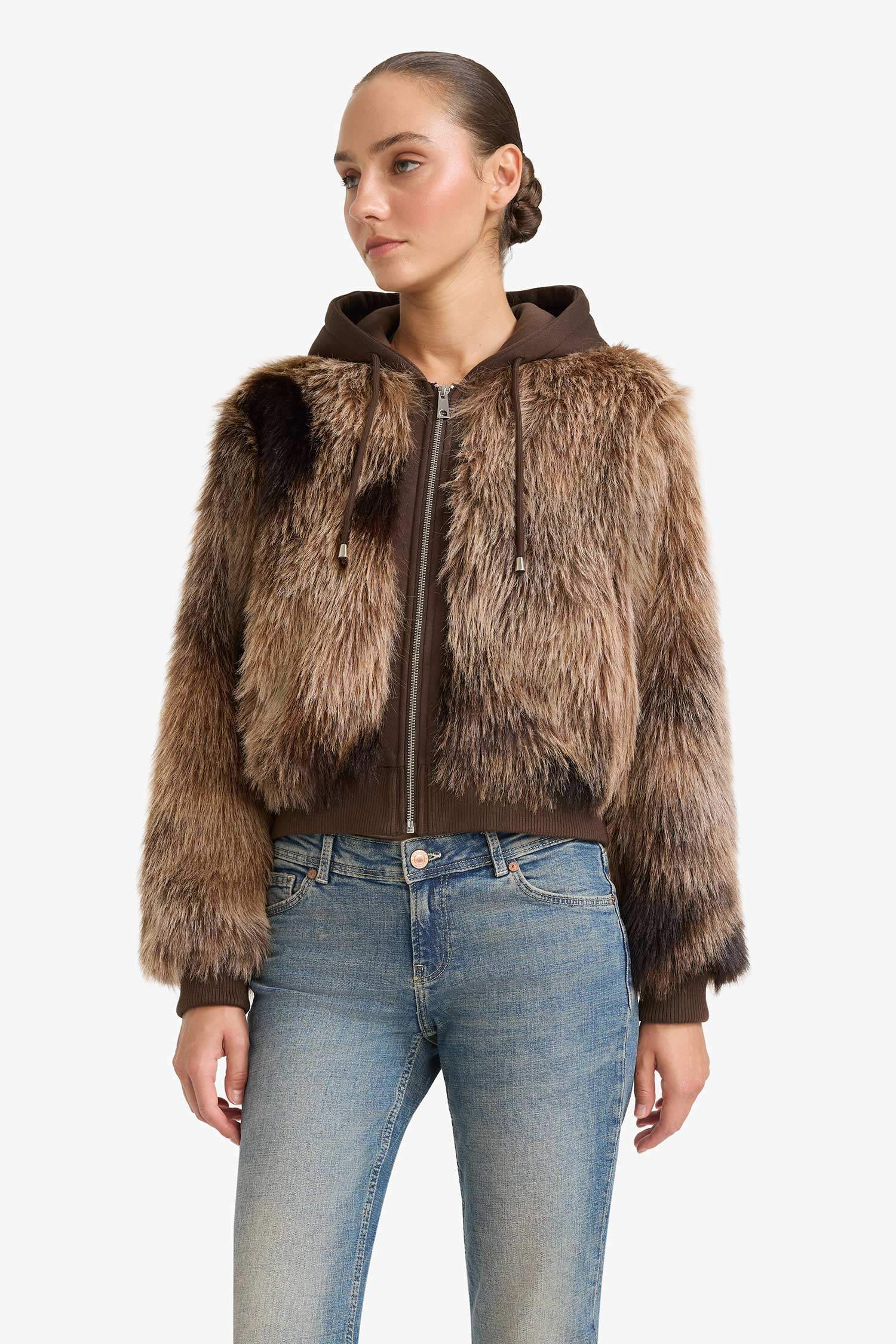 Regular Fit Kapüşonlu Fermuarlı Suni Kürk Mont