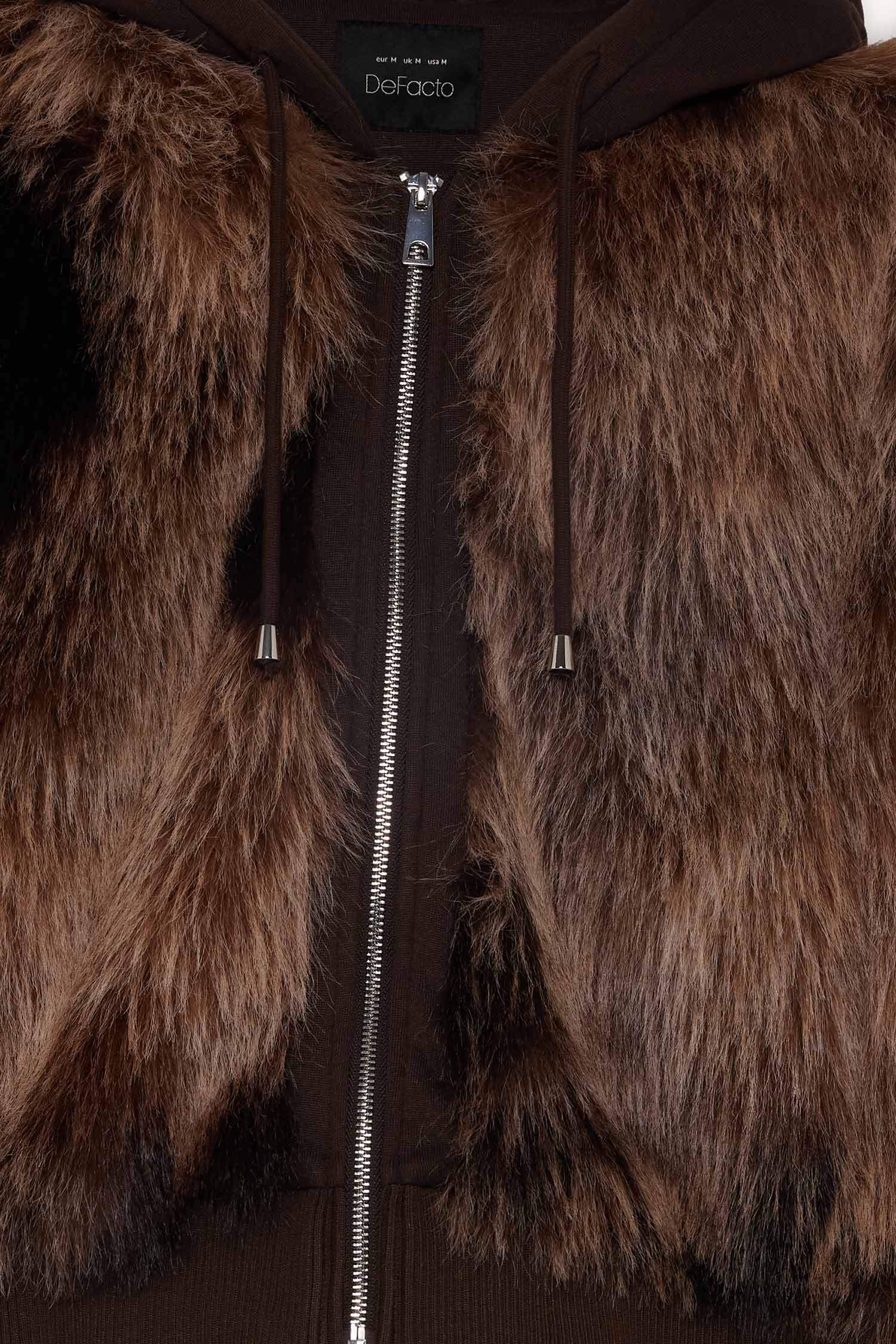 Regular Fit Kapüşonlu Fermuarlı Suni Kürk Mont