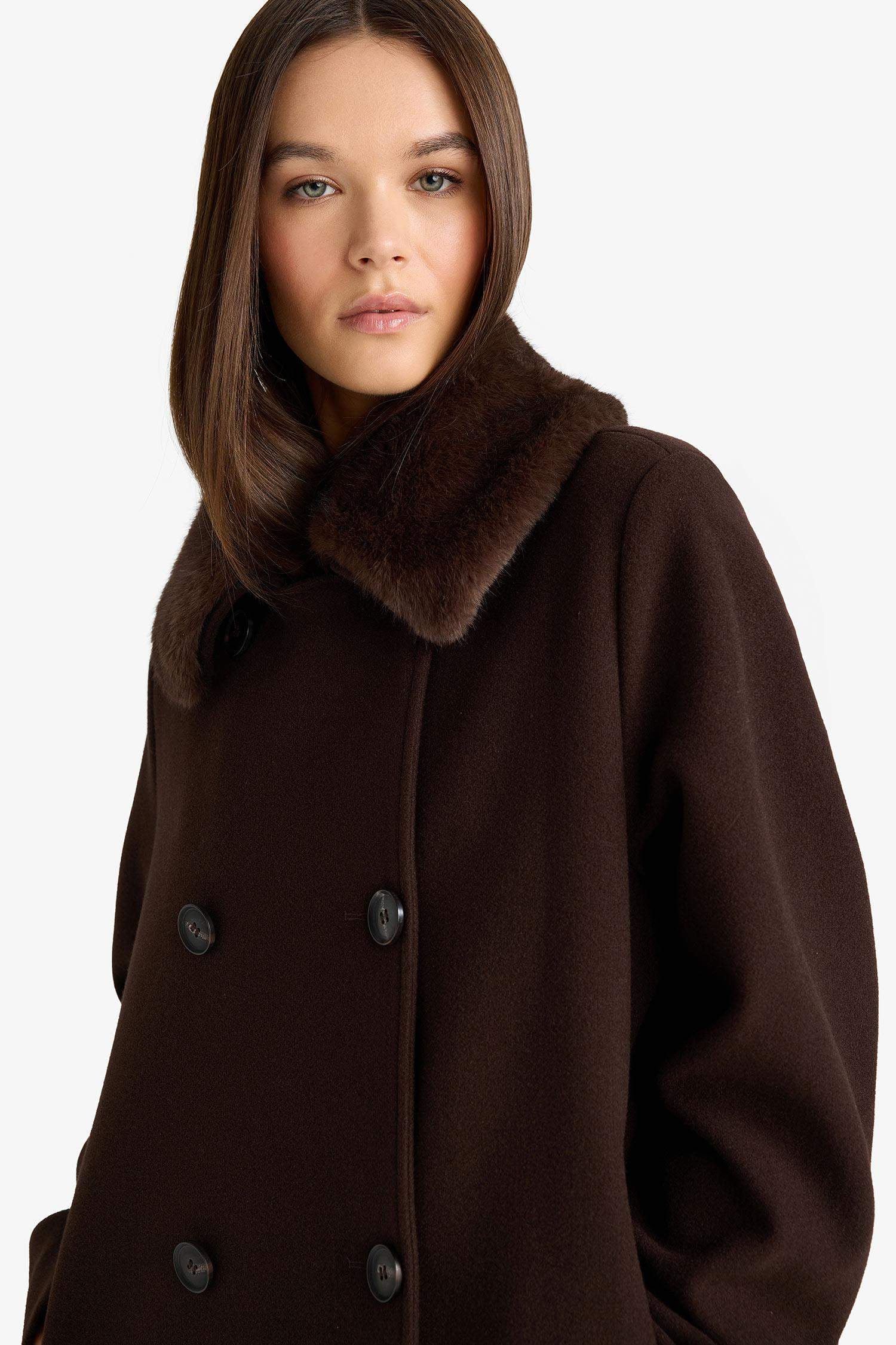 Afra x DeFacto Çıkarılabilir Suni Kürk Yaka Regular Fit Düğmeli Cepli Uzun Kaşe Kaban