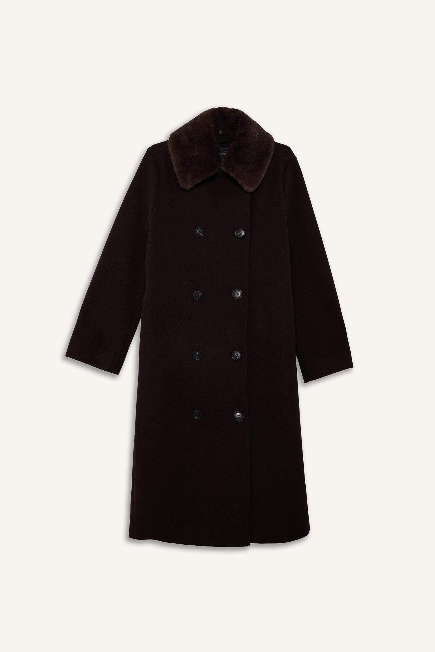 Afra x DeFacto Çıkarılabilir Suni Kürk Yaka Regular Fit Düğmeli Cepli Uzun Kaşe Kaban