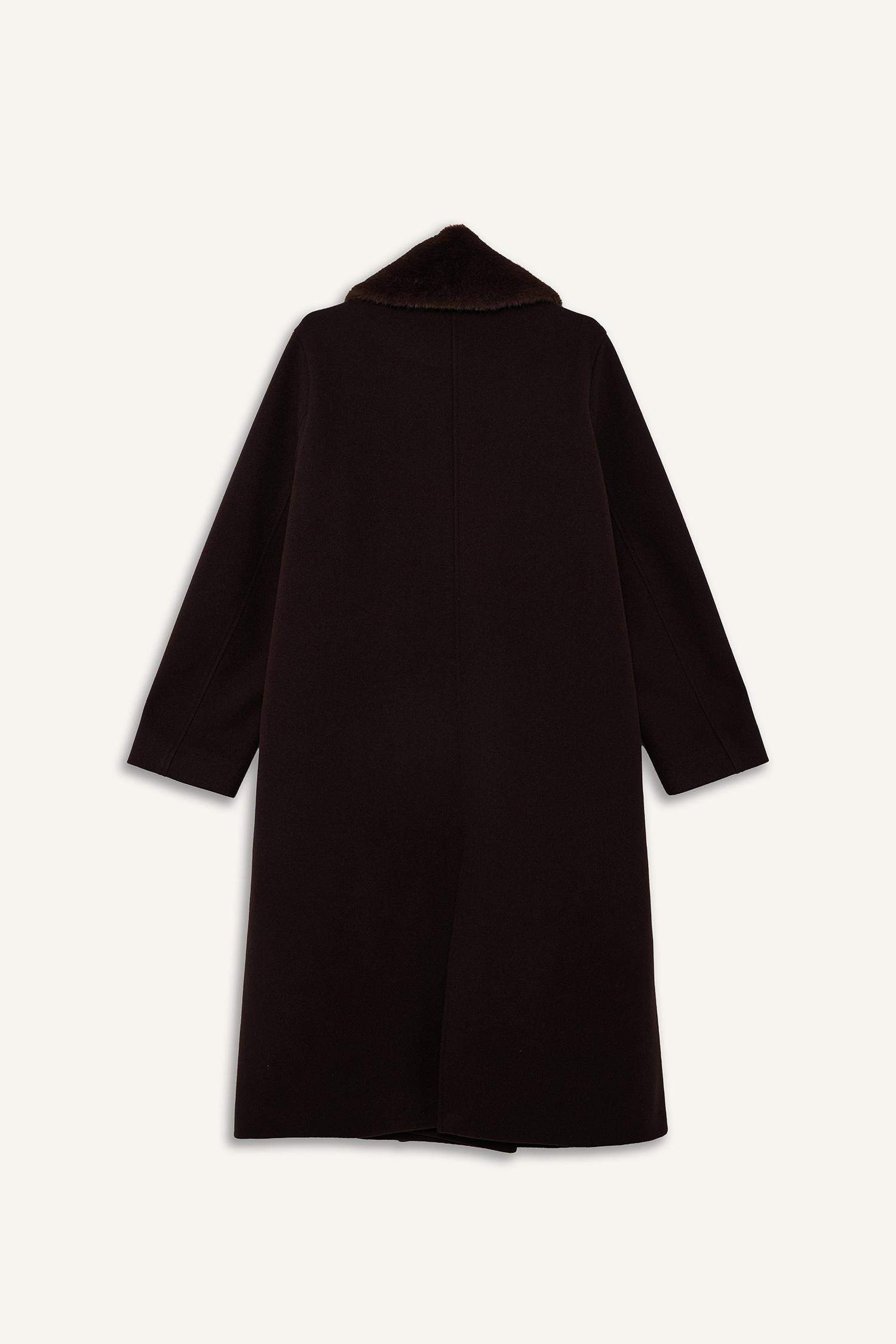 Afra x DeFacto Çıkarılabilir Suni Kürk Yaka Regular Fit Düğmeli Cepli Uzun Kaşe Kaban