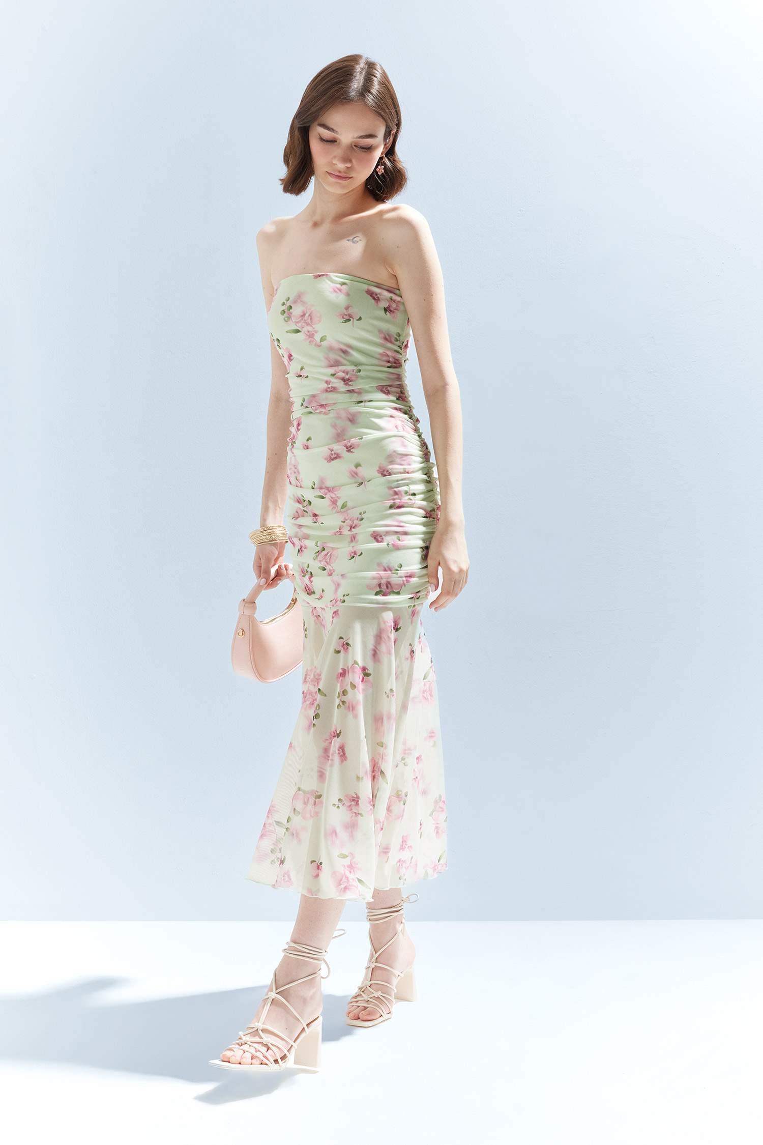 Coool Bodycon Vücudu Saran Straplez Çiçek Desenli Tül Maxi Elbise