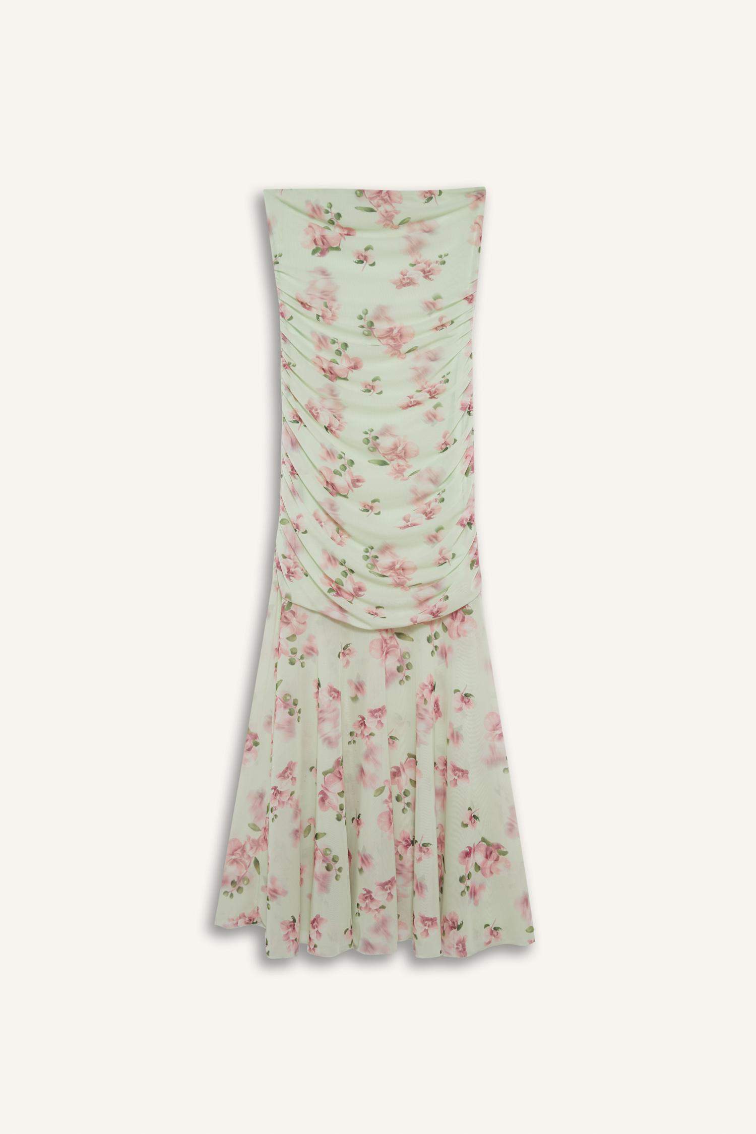 Coool Bodycon Vücudu Saran Straplez Çiçek Desenli Tül Maxi Elbise