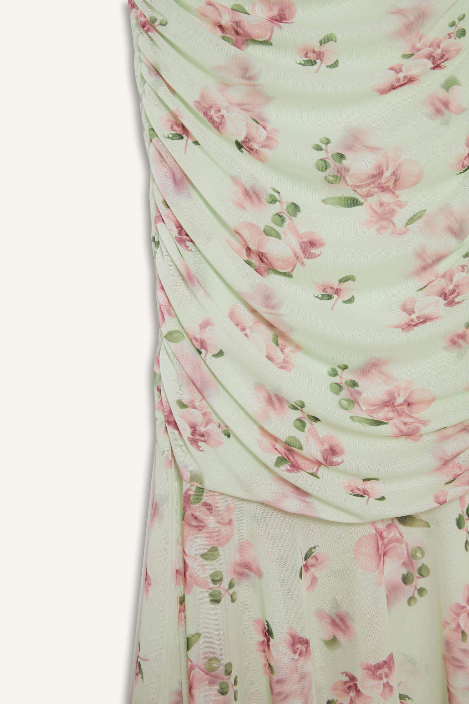 Coool Bodycon Vücudu Saran Straplez Çiçek Desenli Tül Maxi Elbise