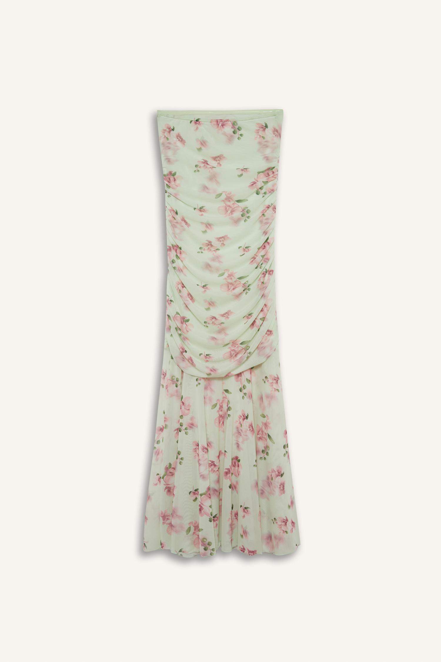 Coool Bodycon Vücudu Saran Straplez Çiçek Desenli Tül Maxi Elbise