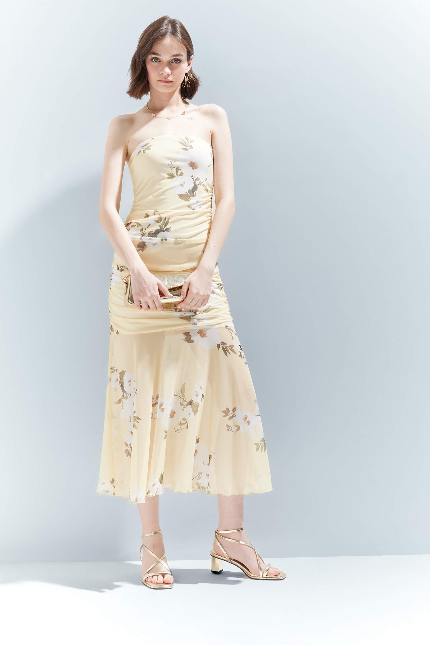 Bodycon Strapless Floral Tulle Maxi Dress