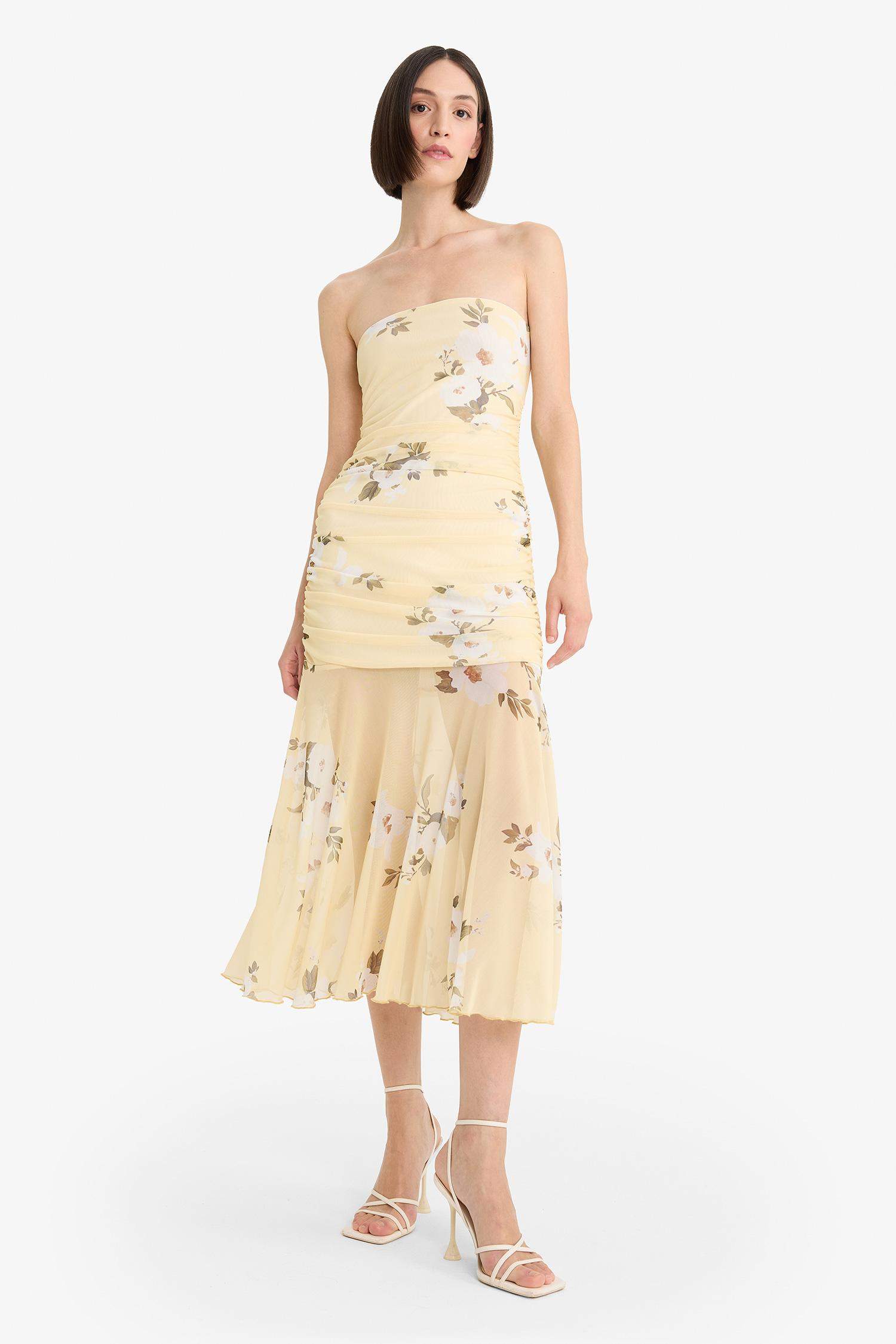 Bodycon Strapless Floral Tulle Maxi Dress