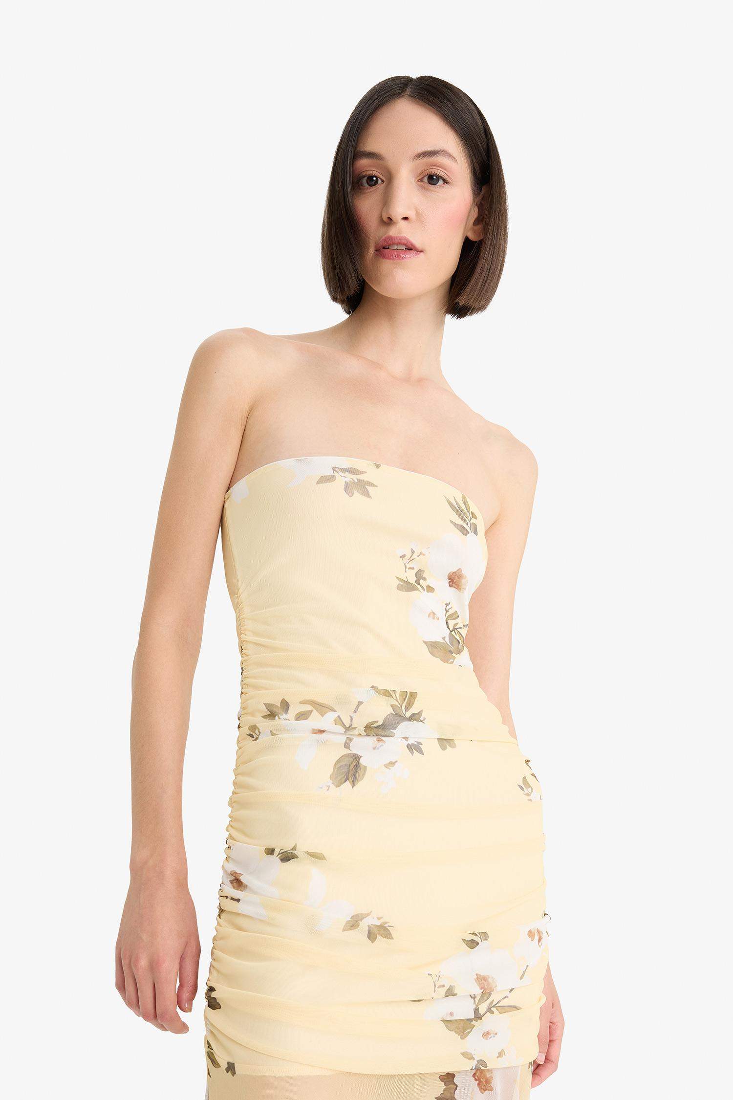 Bodycon Strapless Floral Tulle Maxi Dress