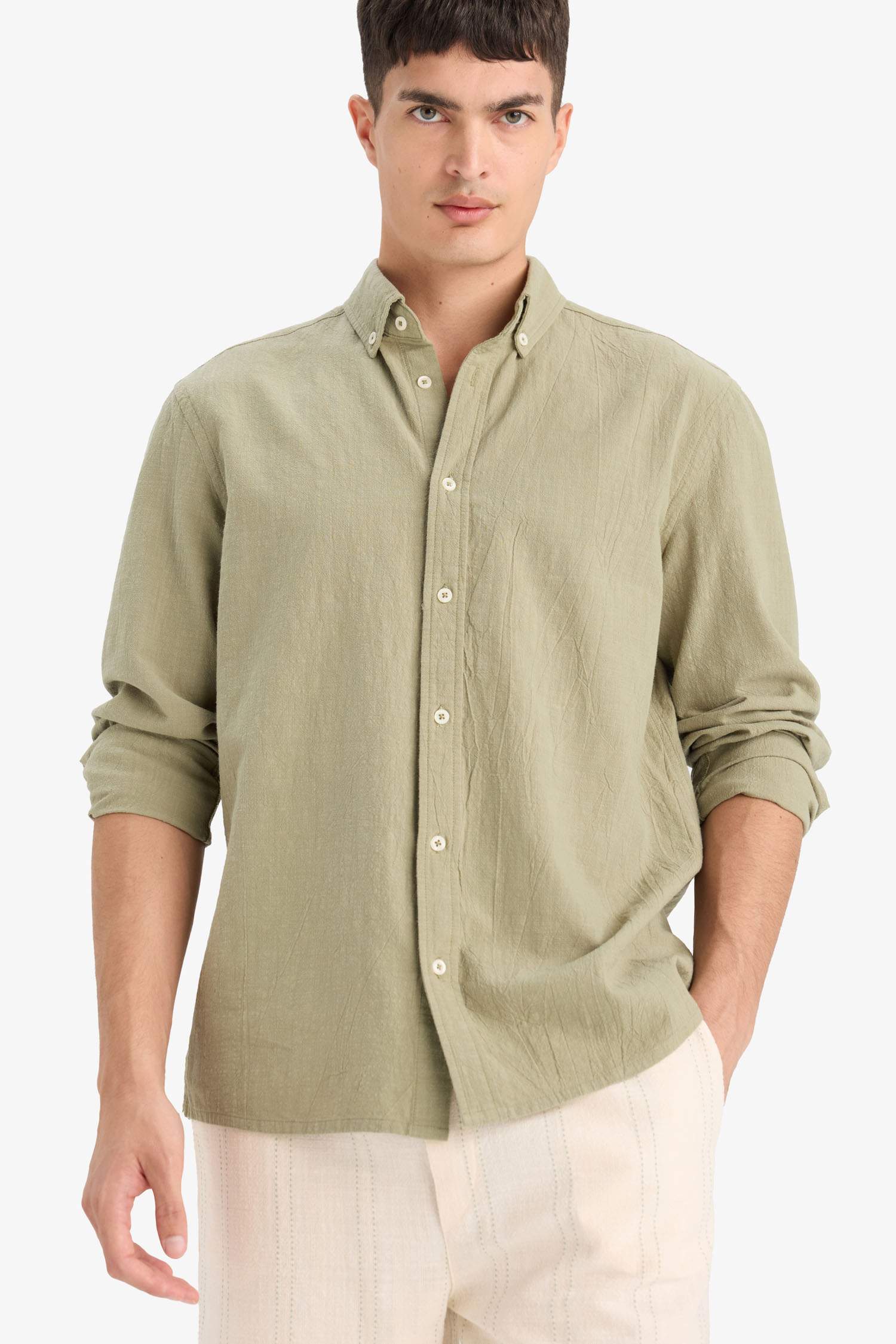 Рубашка с поло-воротником, из хлопка, с длинными рукавами, стандартного кроя