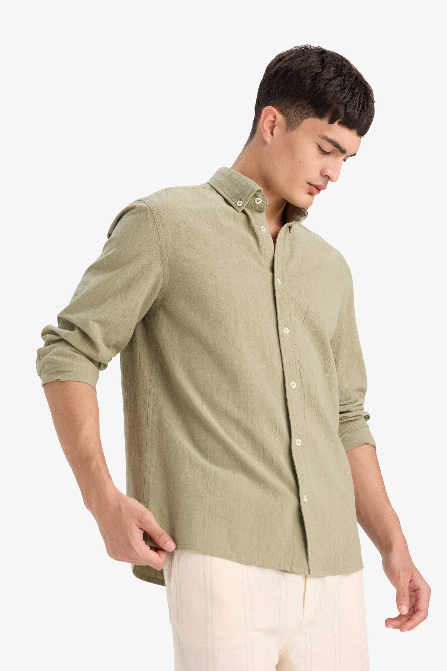 Рубашка с поло-воротником, из хлопка, с длинными рукавами, стандартного кроя