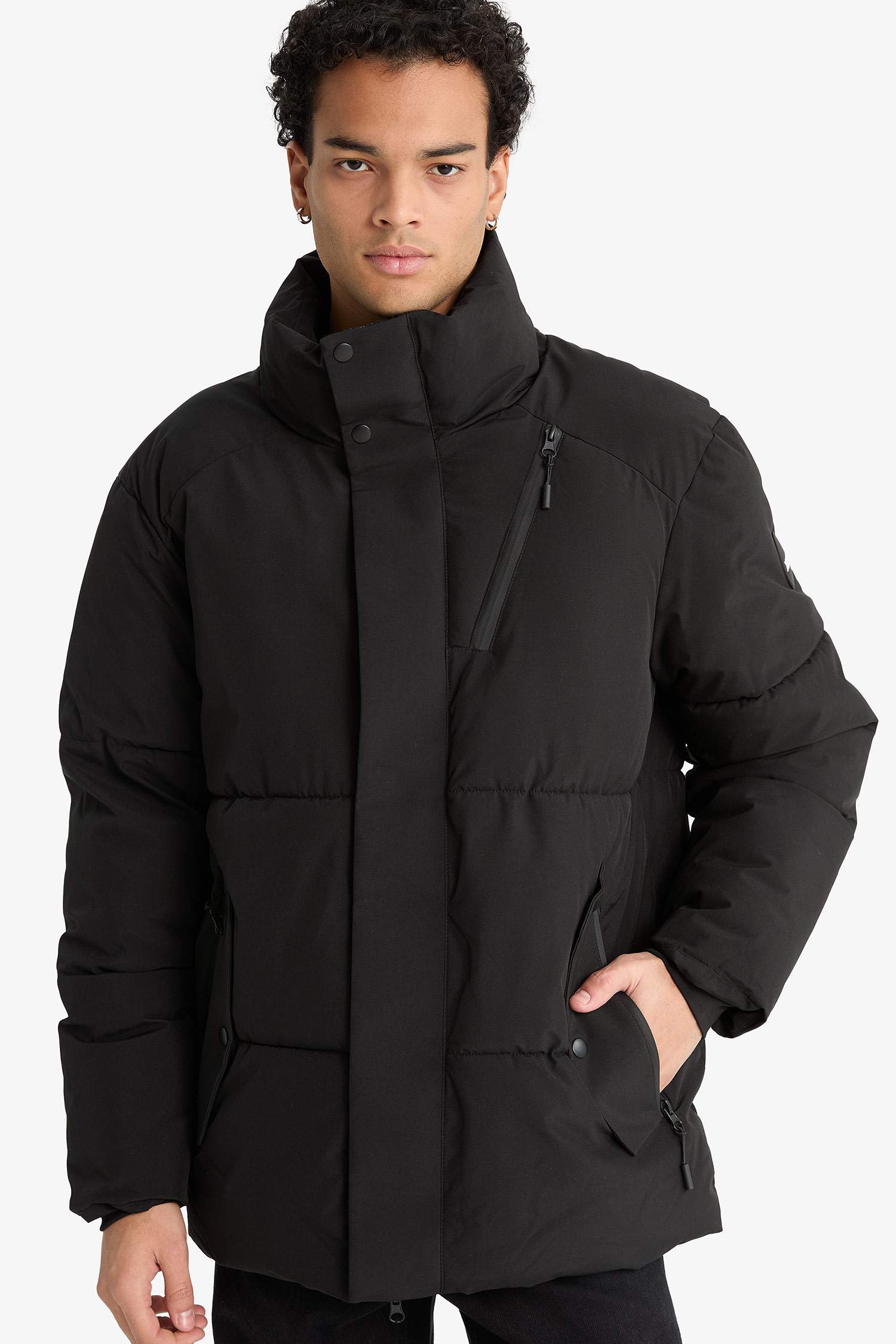 Su İtici Regular Fit Dik Yaka İç Cepli Fermuarlı Cepli Mont