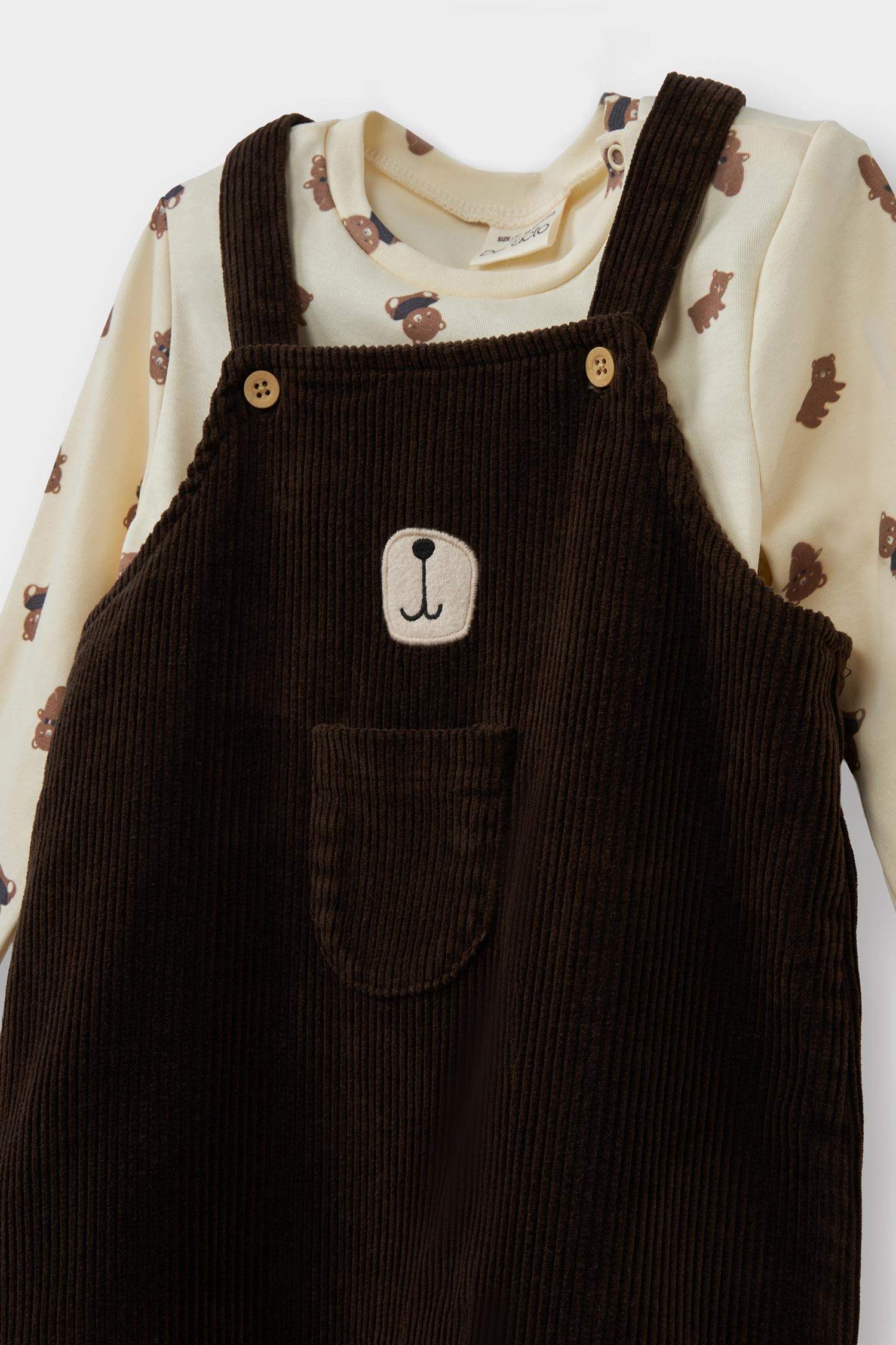 Erkek Bebek 2'li Takım Ayı Baskılı Uzun Kollu Tişört Kadife Salopet Tulum