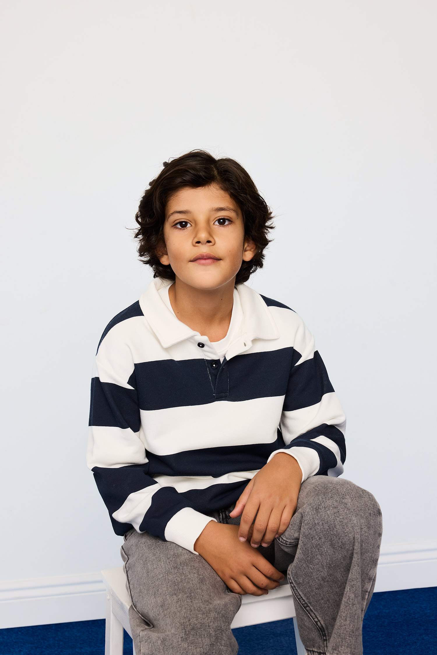 Erkek Çocuk Polo Yaka Çizgili Sweatshirt